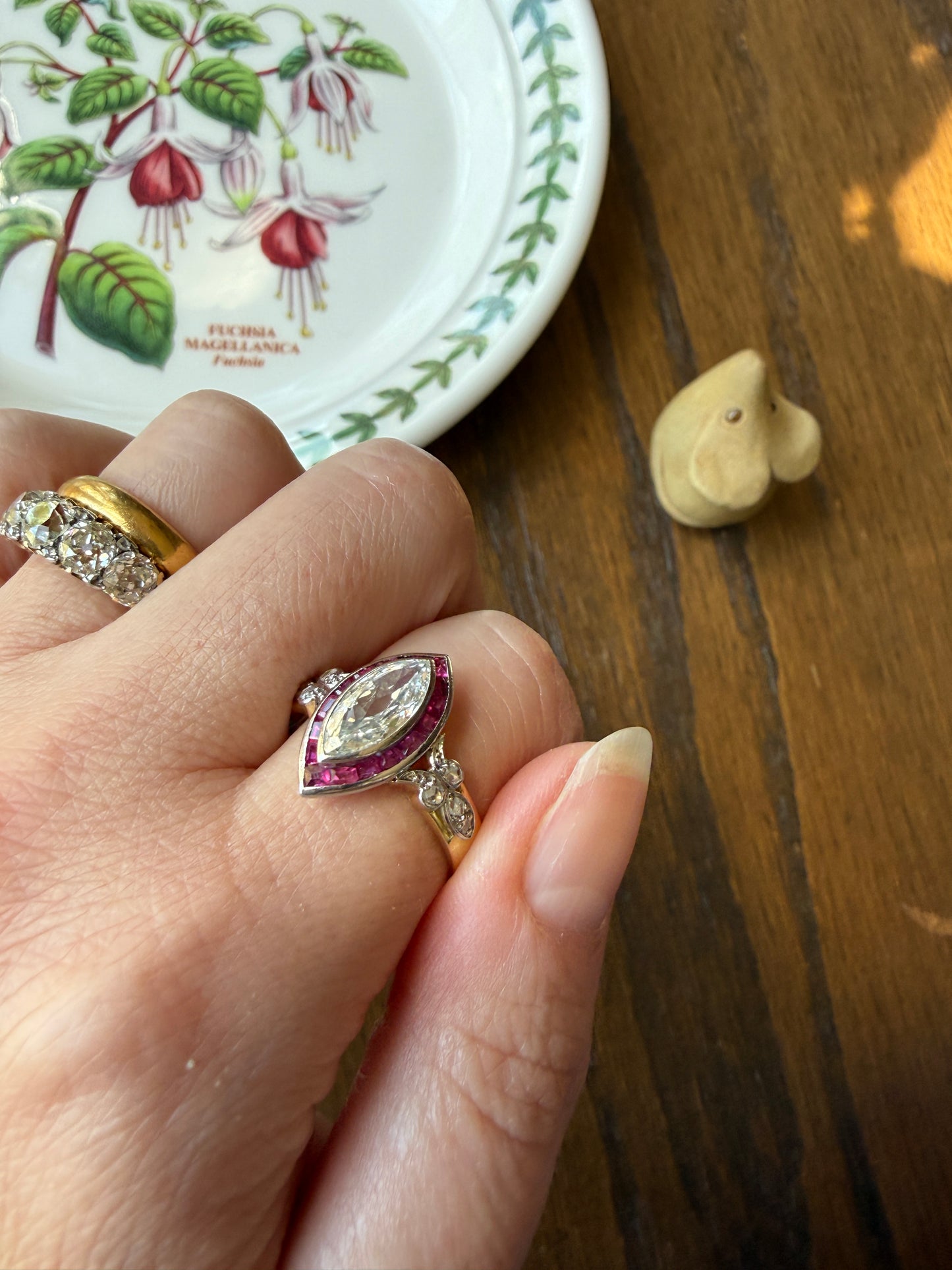 Vintage One Carat Old Cut MARQUISE Diamond Ruby HALO Navette French Art Deco Ring 18k Gold Platinum Belle Epoque Pink Rose Cut Accents