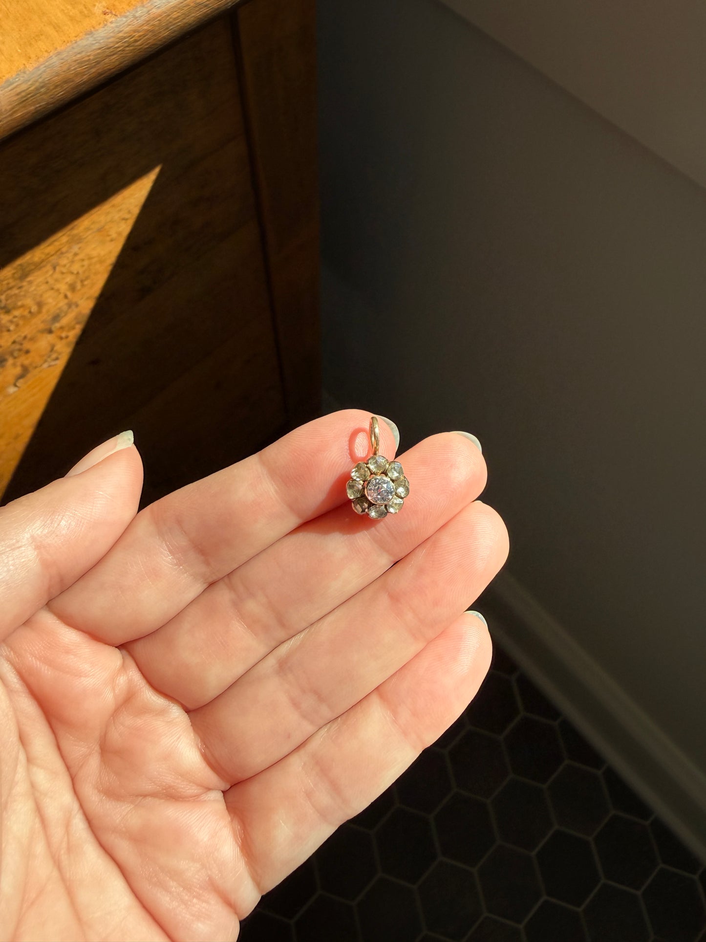 Daisy Cluster Pendant Old Mine Rose Cut DIAMOND Antique Victorian 18k Gold Pendant Necklace Bracelet Charm Floral