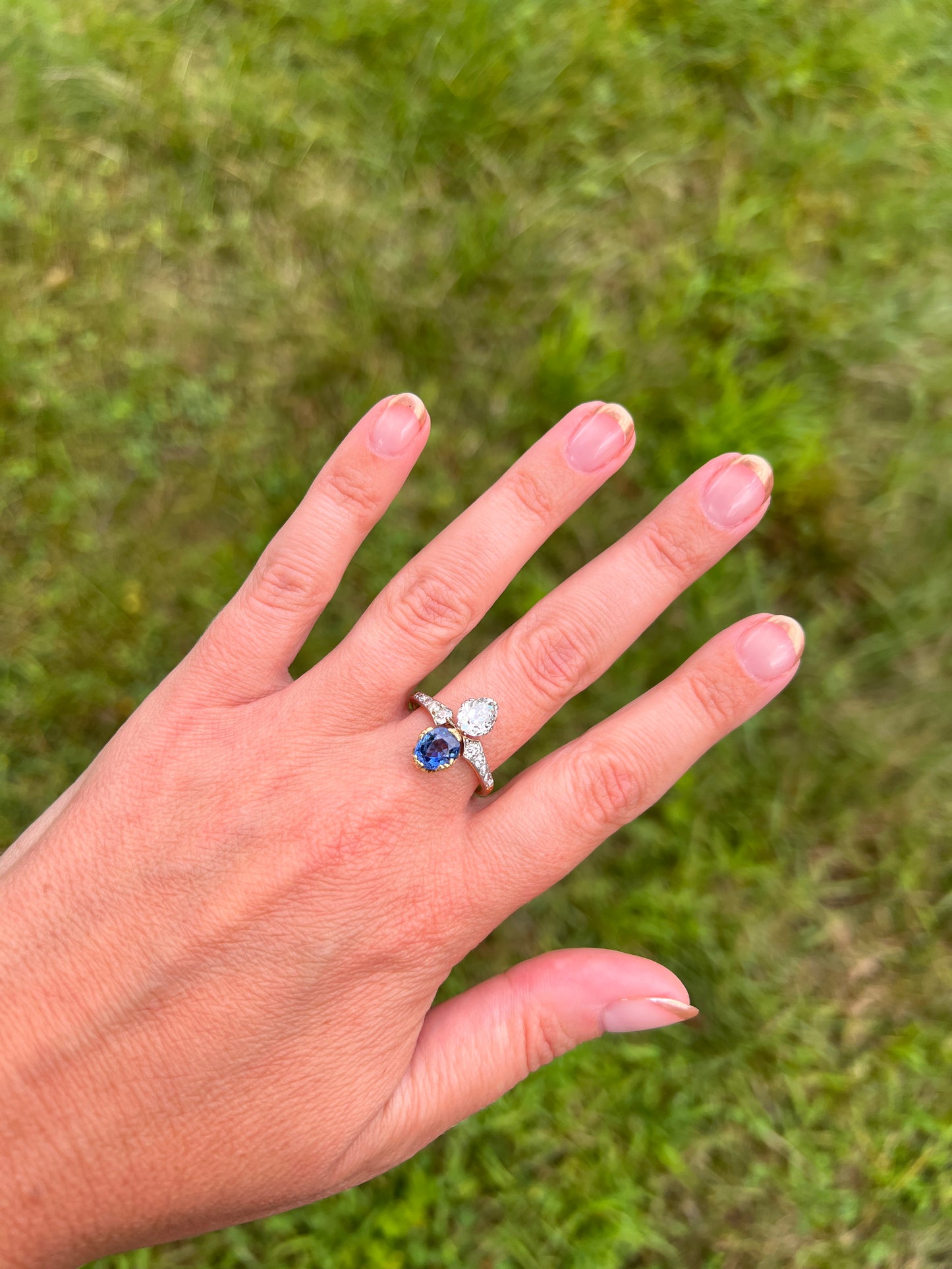 Antique No Heat PEAR Natural Ceylon SAPPHIRE Old Mine Cut DIAMOND Toi et Moi Ring 1 Carat Tdw French 18k Gold Platinum Ring