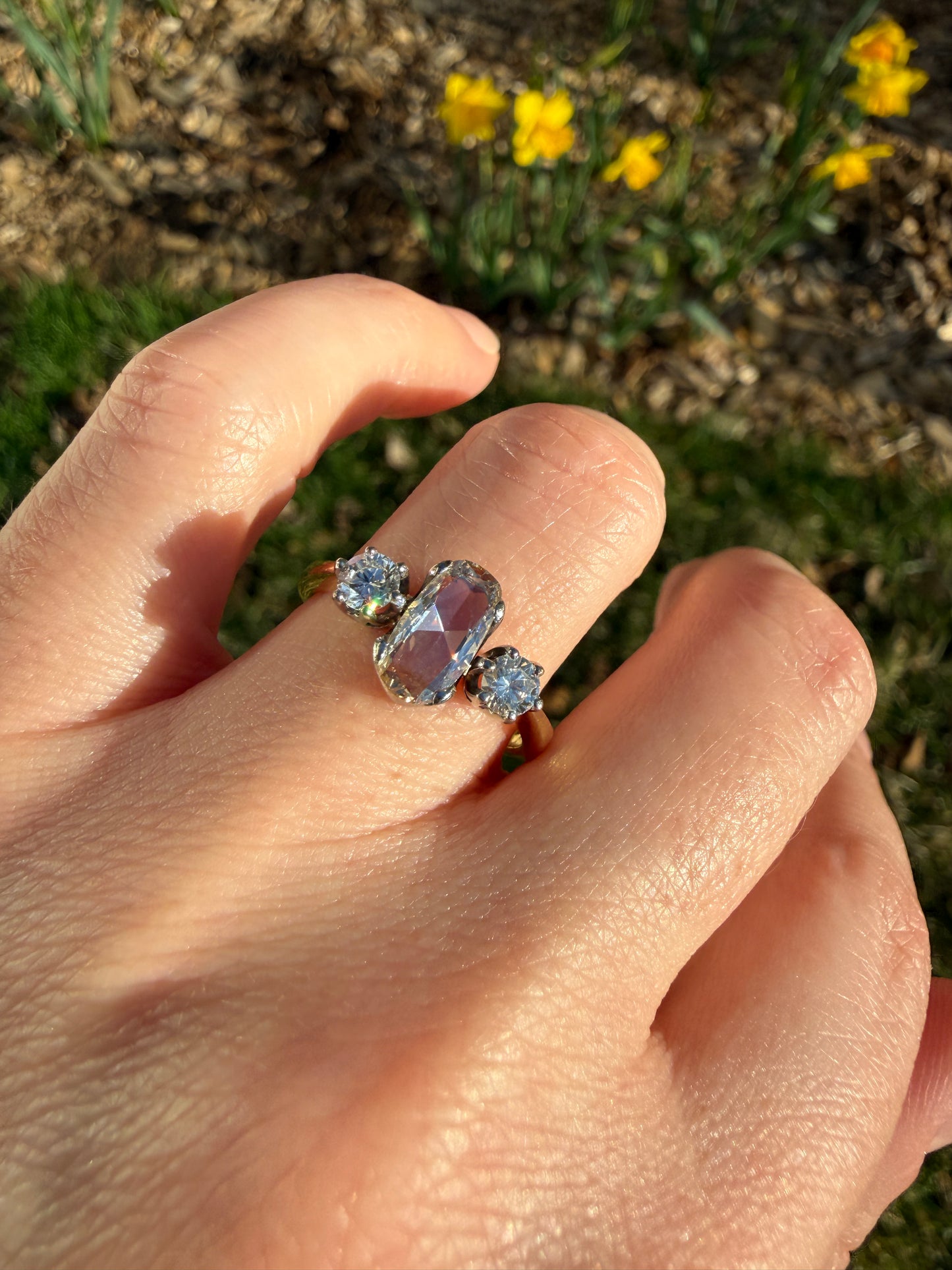 Unique Vintage Elongated Natural VS1 Portrait Rose Cut Three Stone DIAMOND Ring 18k Gold Solid Cushion Oval Stacker Band