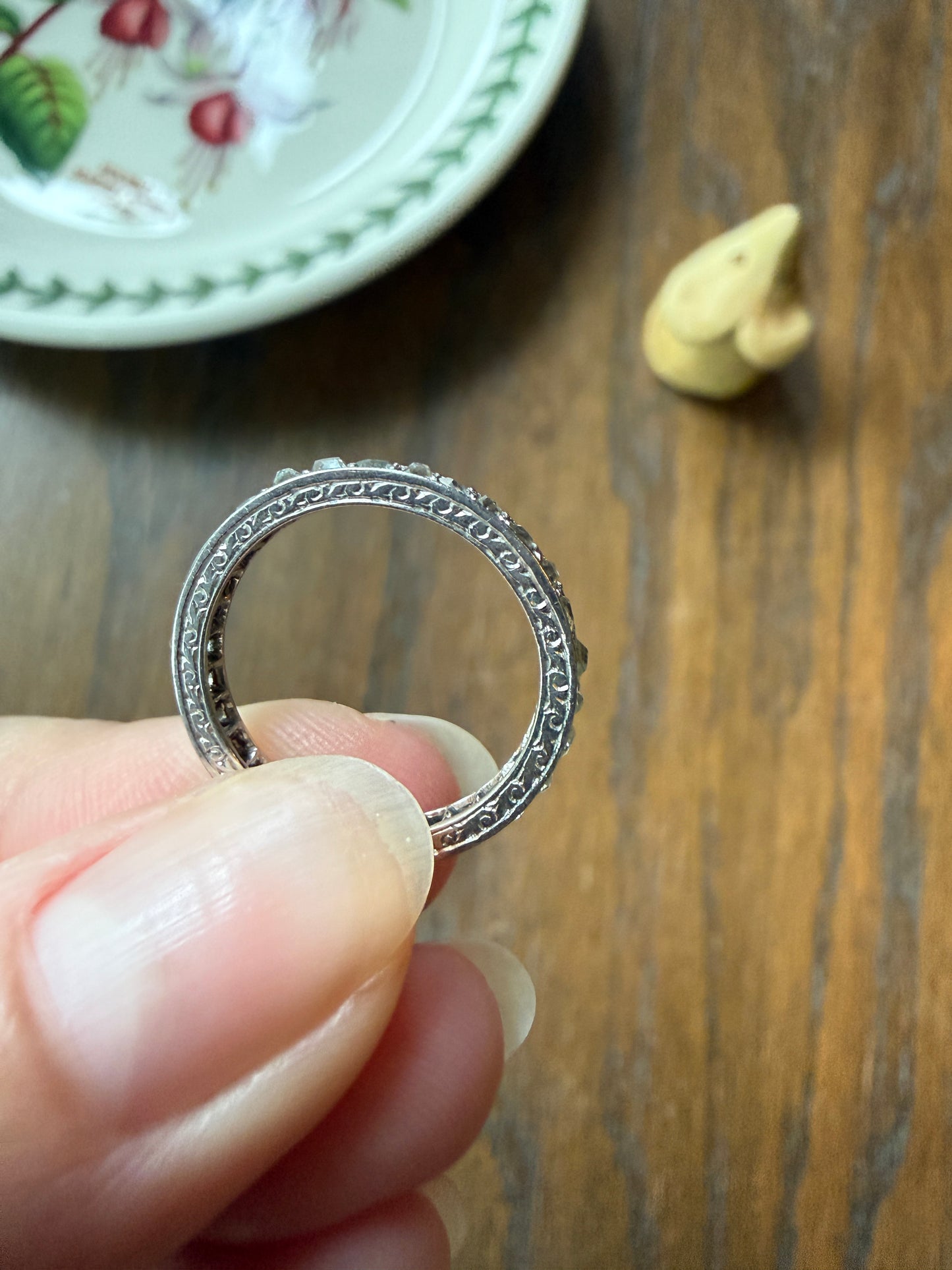 French Antique PLATINUM Chunky 1.5 Carat 29 Old Mine Cut Eternity Band Skinny Wedding Band Engraved Edwardian Stacker
