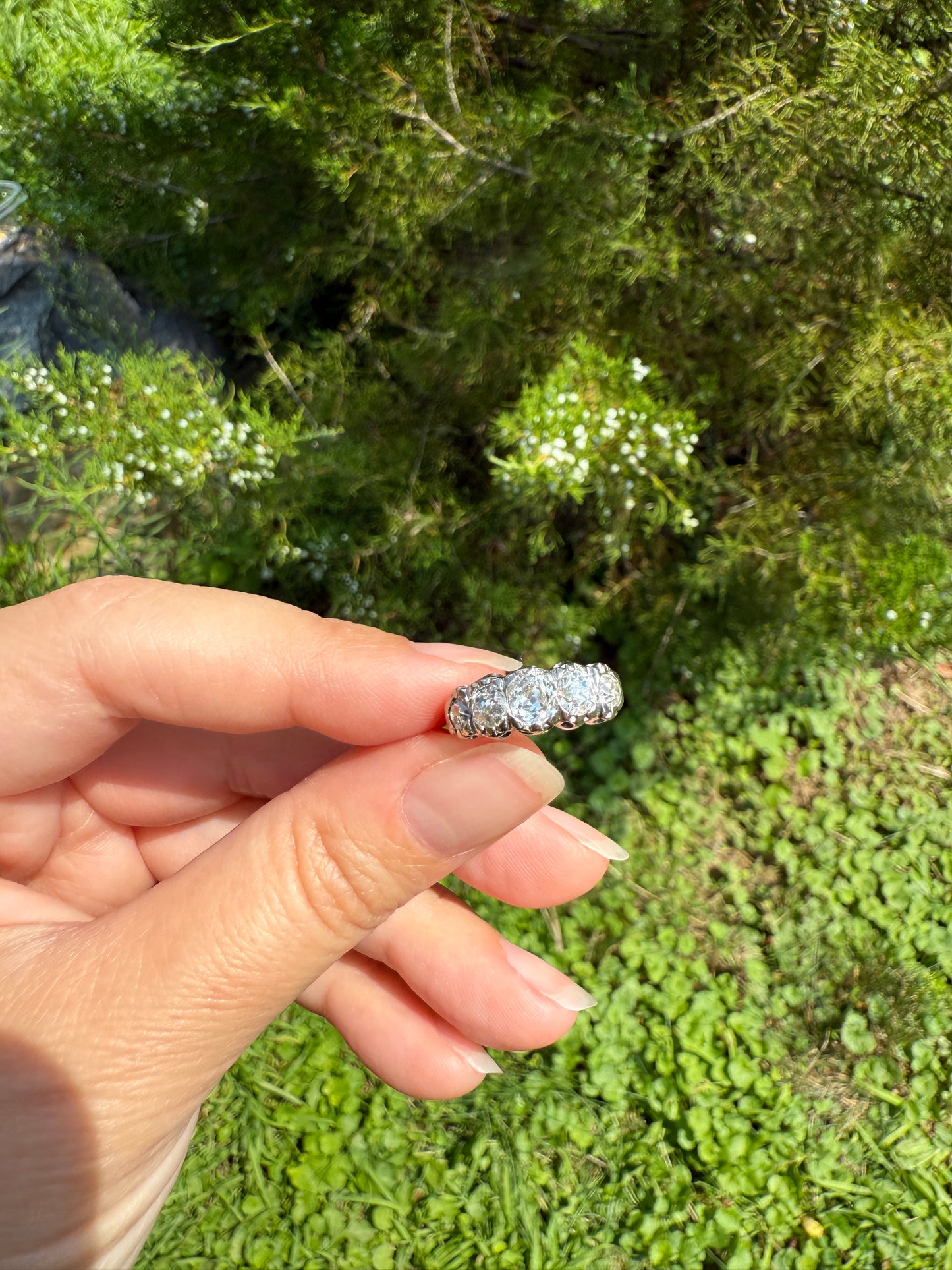 CHUNKY 1.5 Carat Five Stone Old Mine Cut Diamond Band French Antique Platinum Ring Stacker