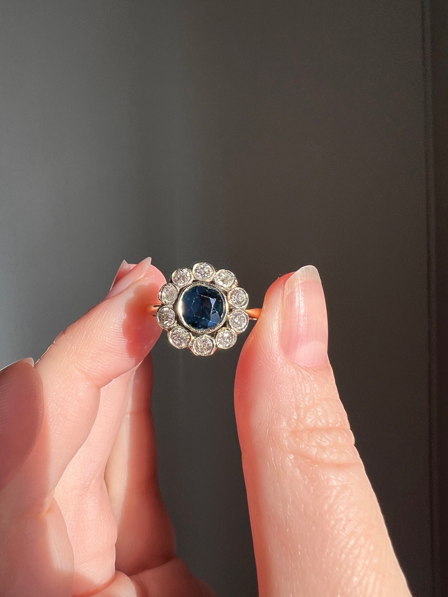 Natural SAPPHIRE French ANTIQUE .6 Ct Old Mine Cut DIAMOND Halo Ring 18k Gold Platinum Blue Green Victorian