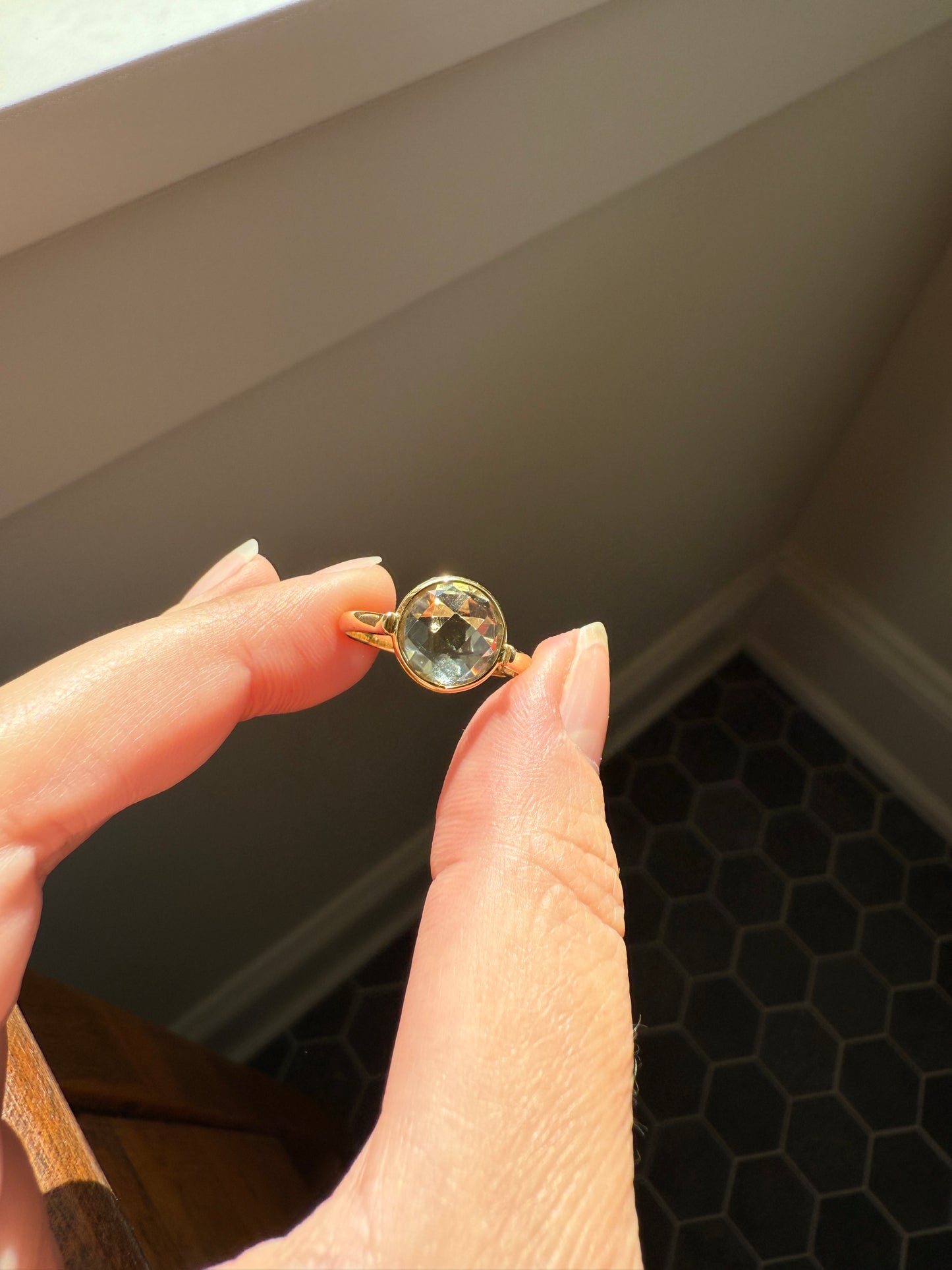 Pale GREEN Natural Prasiolite 18k Gold Bezel Set Modern Ring Domed Disco Ball Rose Cut Faceting Quartz Amethyst