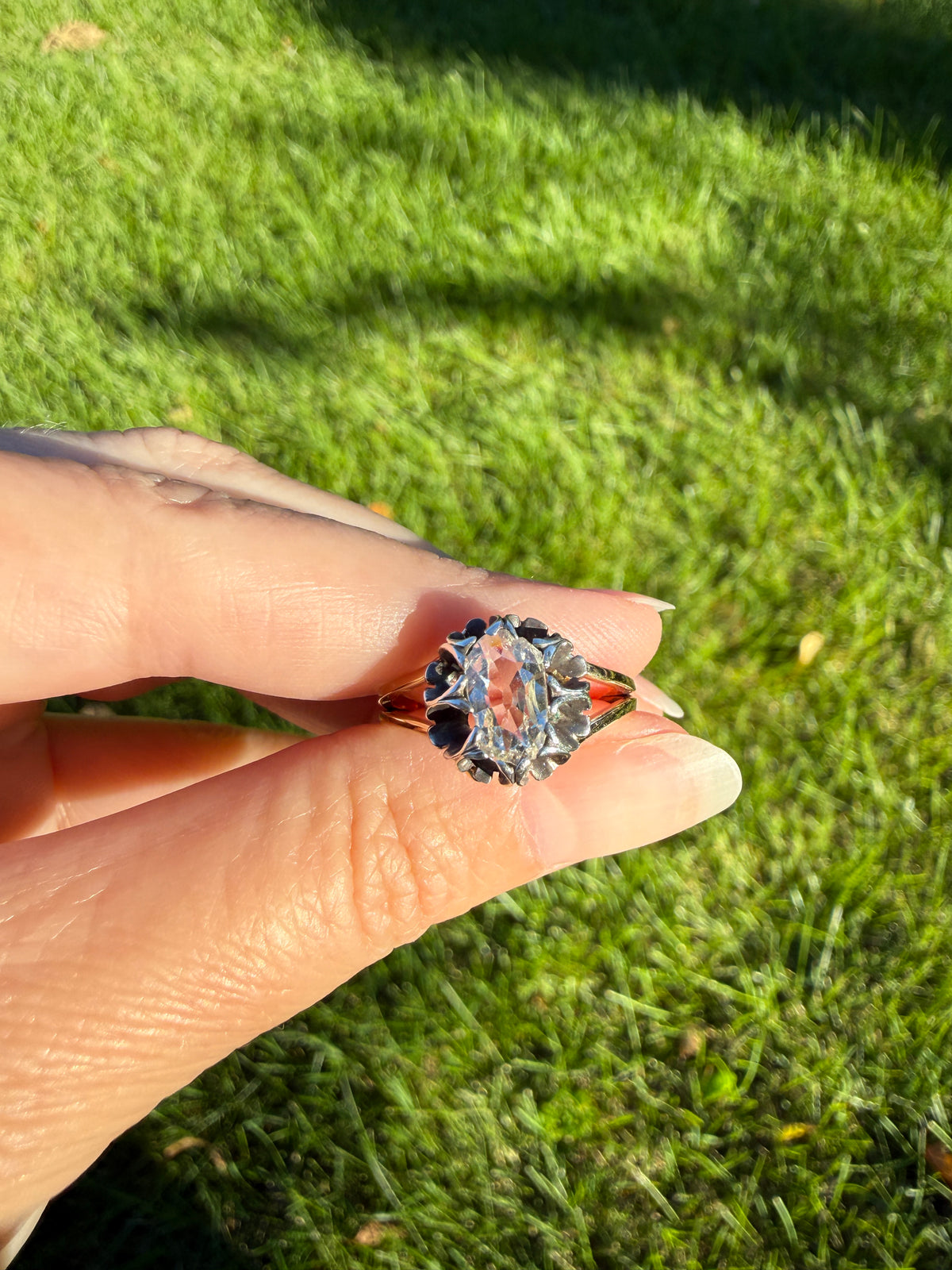 ANTIQUE Elongated Old Mine Cut Oval DIAMOND Silver Star Prong Basket Setting in 10k Gold Unique Buttercup Victorian .6 to 1.2 Ct.