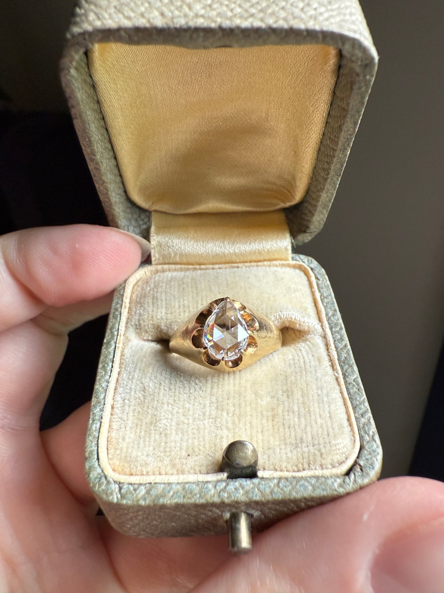 Special PEAR Open Back Rose Cut DIAMOND Original Antique Solitiare 18k Gold Buttercup Belcher Glowing Setting