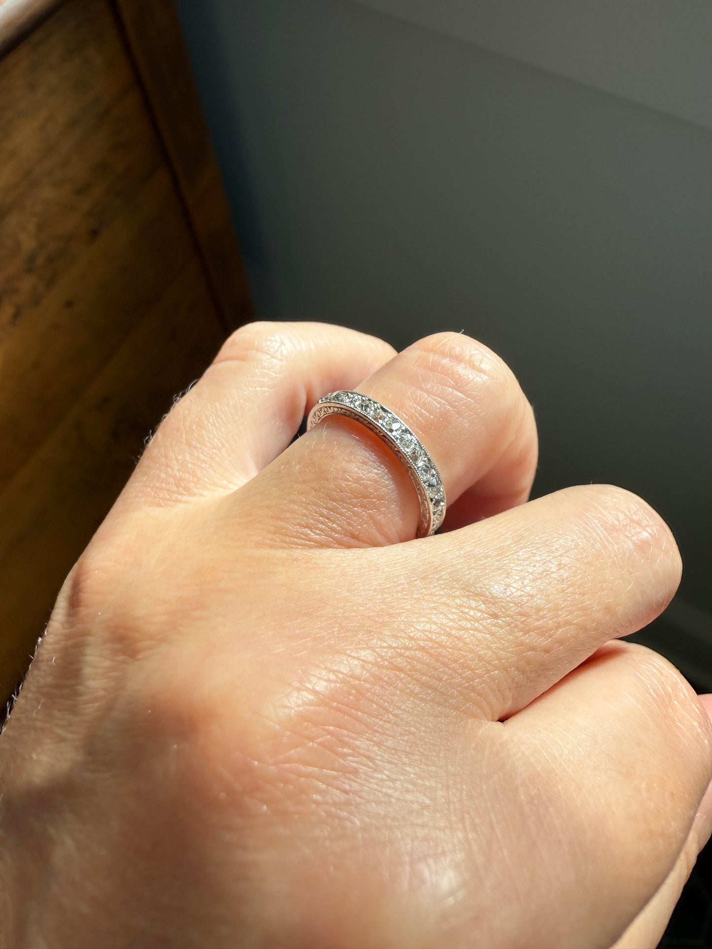 French Antique PLATINUM Chunky 1.5 Carat 29 Old Mine Cut Eternity Band Skinny Wedding Band Engraved Edwardian Stacker