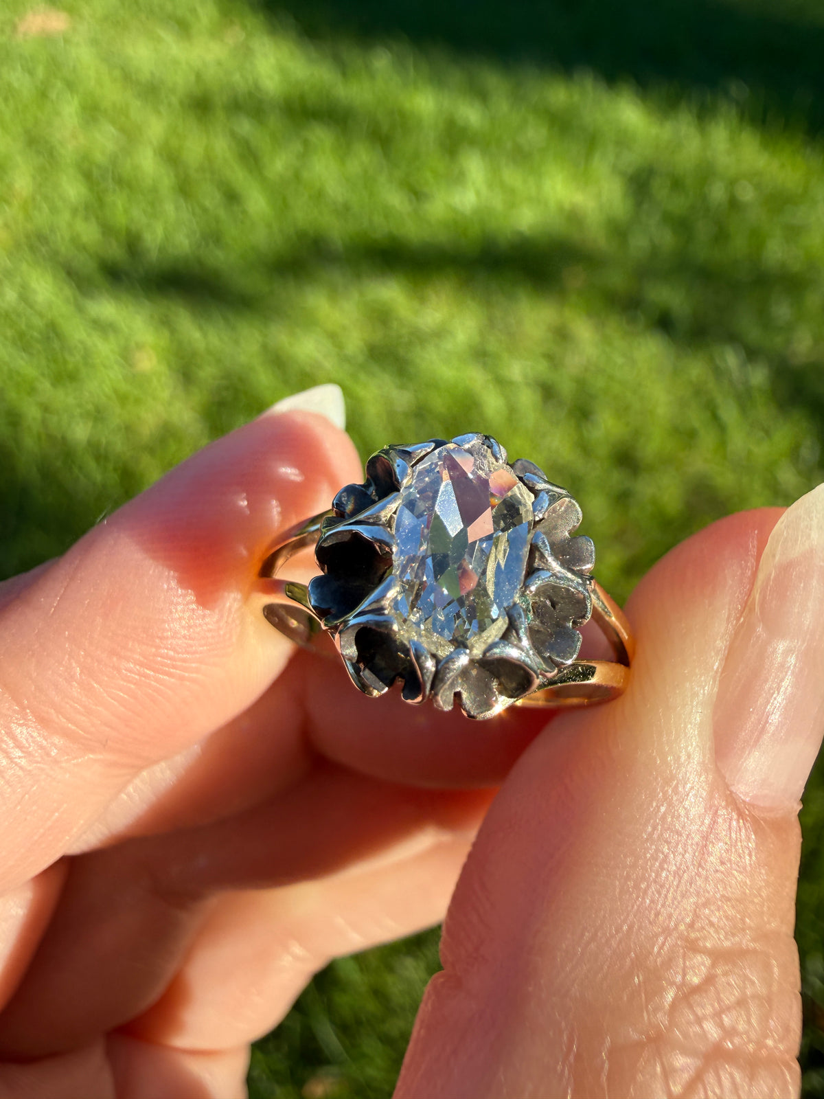ANTIQUE Elongated Old Mine Cut Oval DIAMOND Silver Star Prong Basket Setting in 10k Gold Unique Buttercup Victorian .6 to 1.2 Ct.
