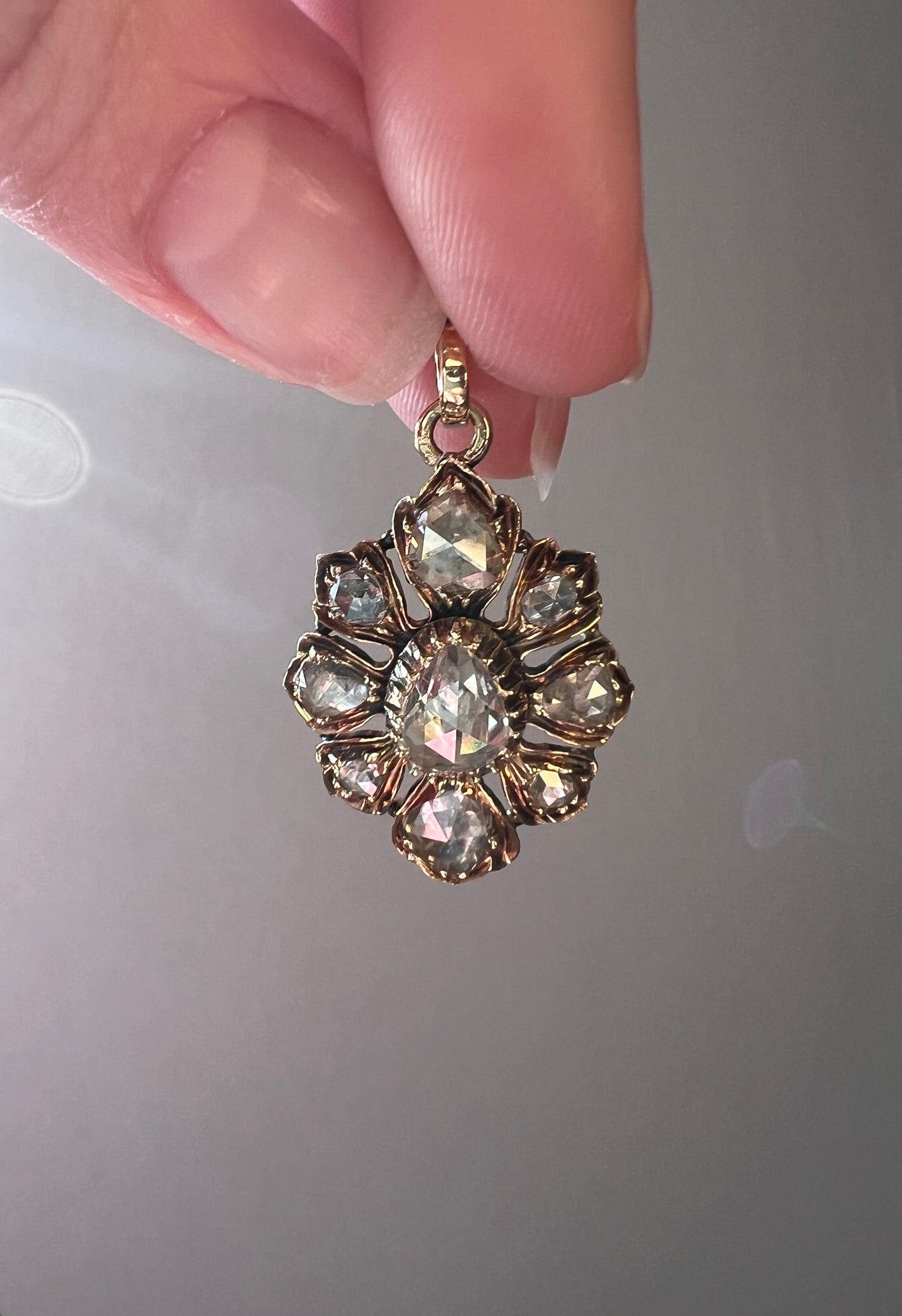 Large Antique FLORAL 2.4 Carats Rose Cut DIAMOND Cluster PENDANT French 18k Gold Victorian Gift Domed Pear