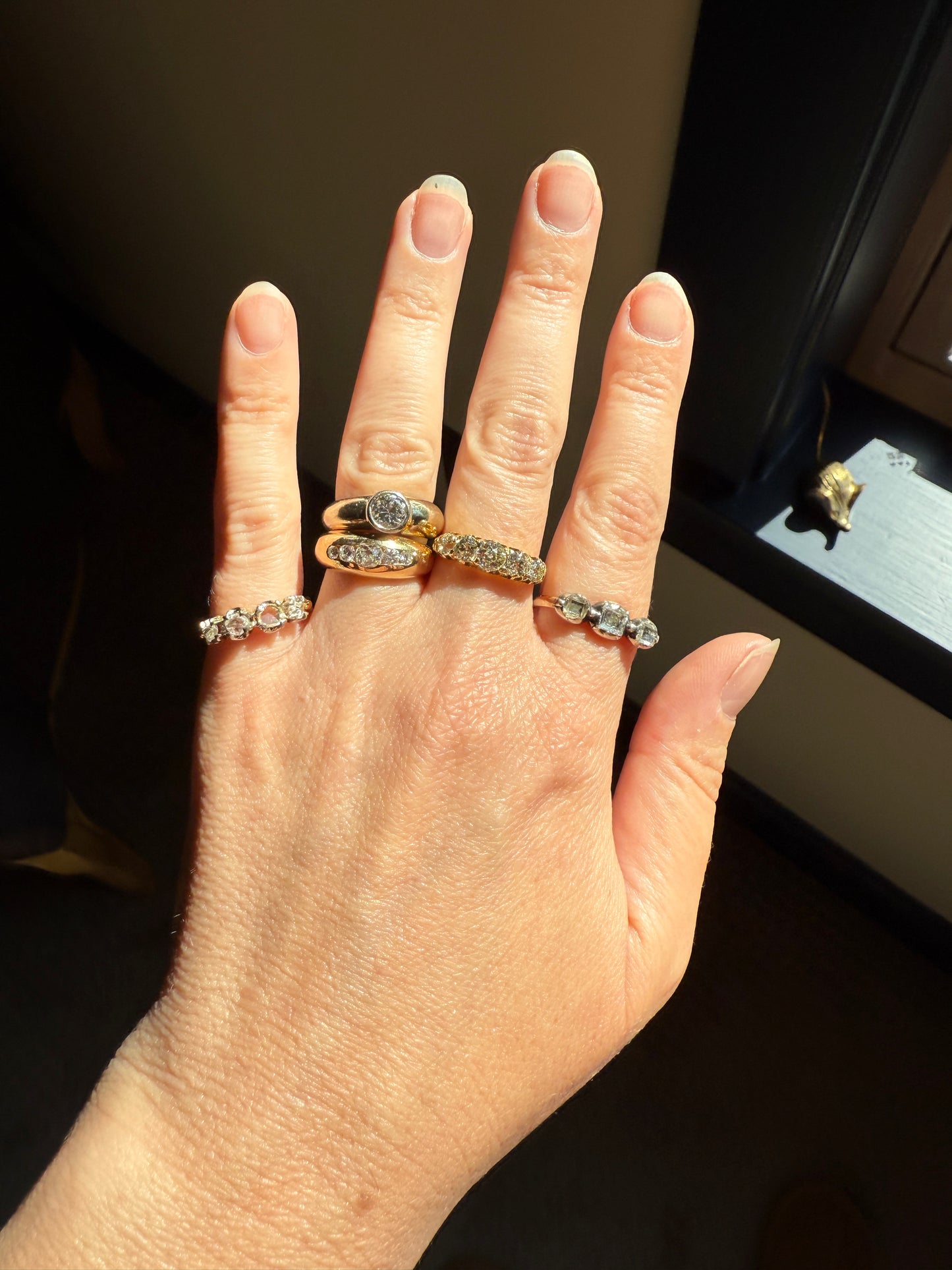 French Vintage .6 Carat Five Stone Ring Antique Old Mine Cut DIAMOND Center Wide Band 18k Gold Solid Stacker Chunky Domed