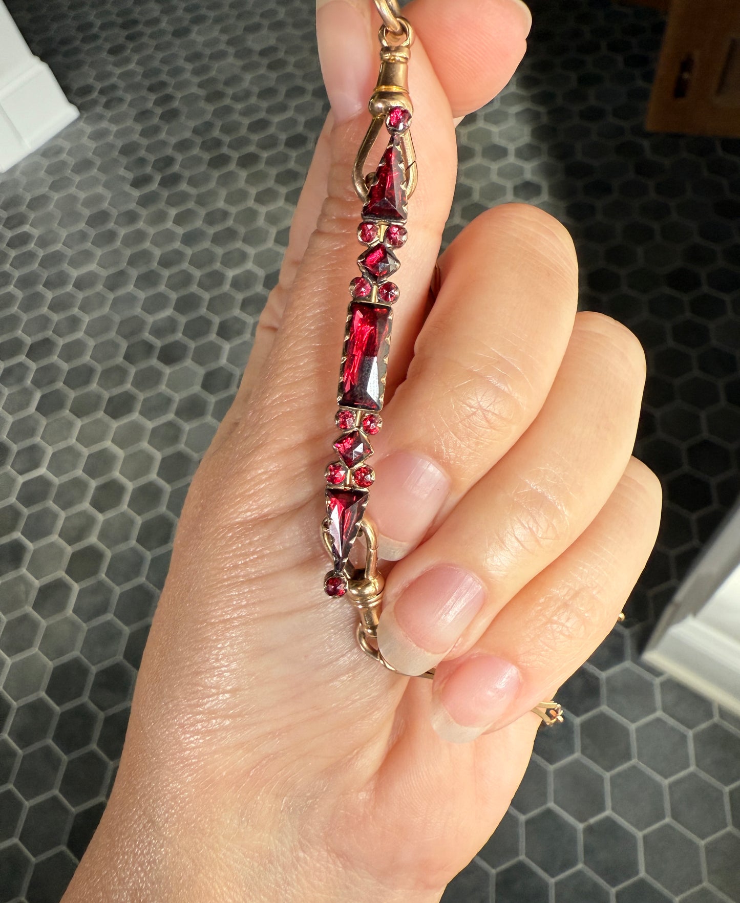 PERPIGNAN Garnet Purple Pink Bar Line Brooch for Pendant Conversion French Antique Victorian 18k Gold Extender Connector Triangle Cut