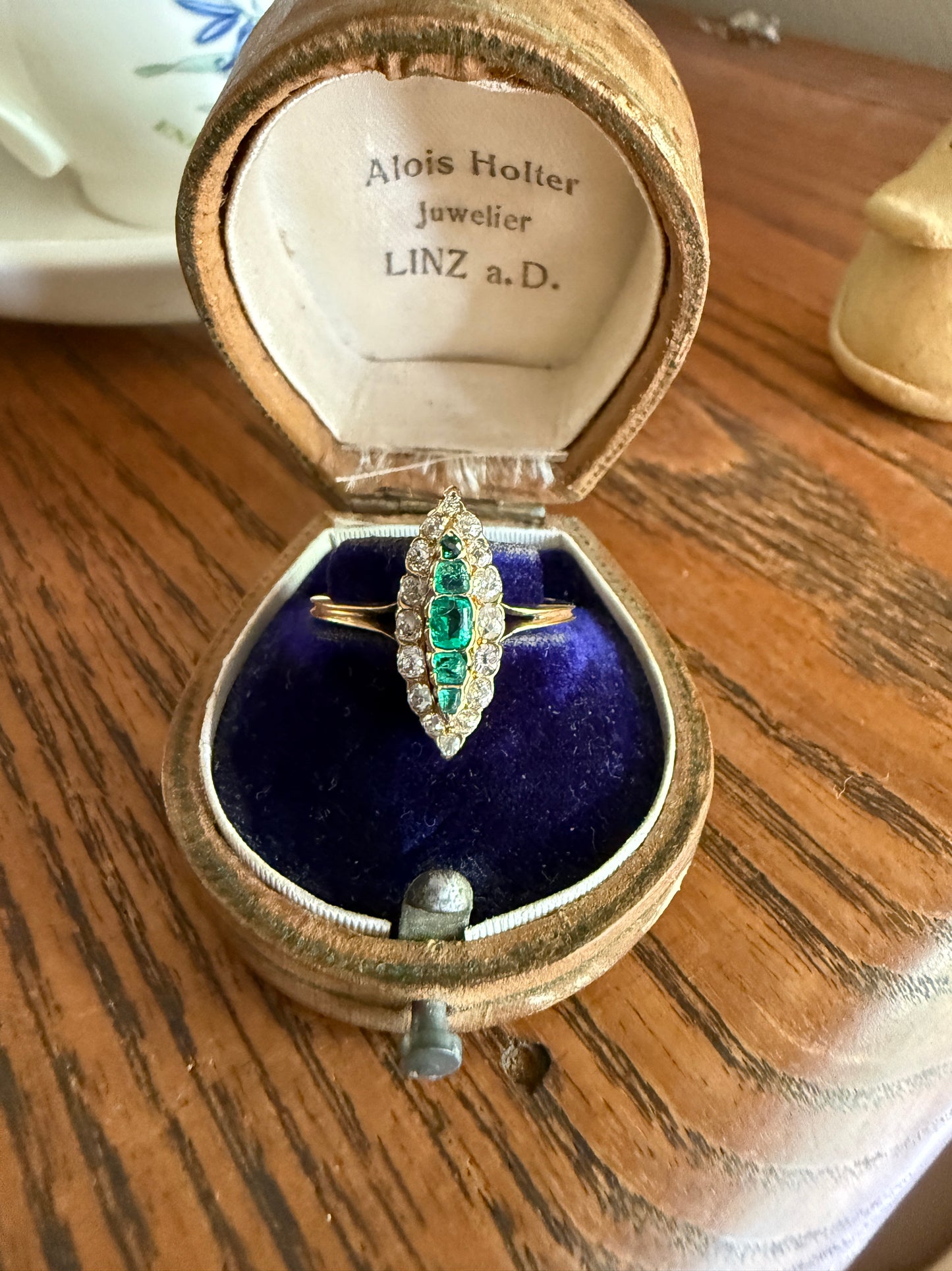 Emerald Five Stone Antique Old Mine Cut DIAMOND Halo Navette Ring 18k Gold Skinny Green Sparkle Stacker Victorian