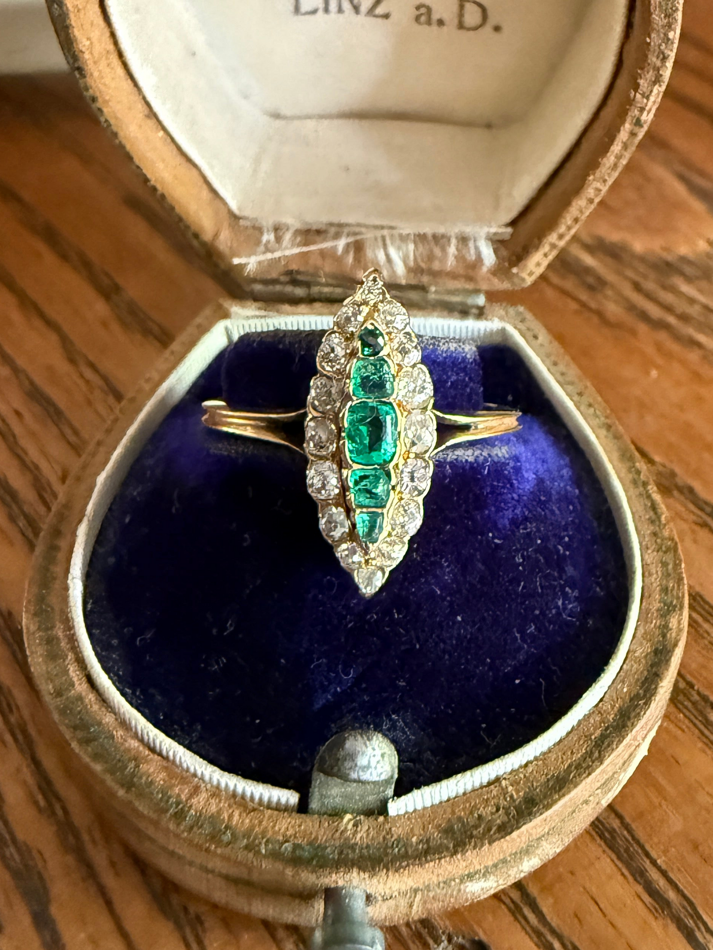 Emerald Five Stone Antique Old Mine Cut DIAMOND Halo Navette Ring 18k Gold Skinny Green Sparkle Stacker Victorian