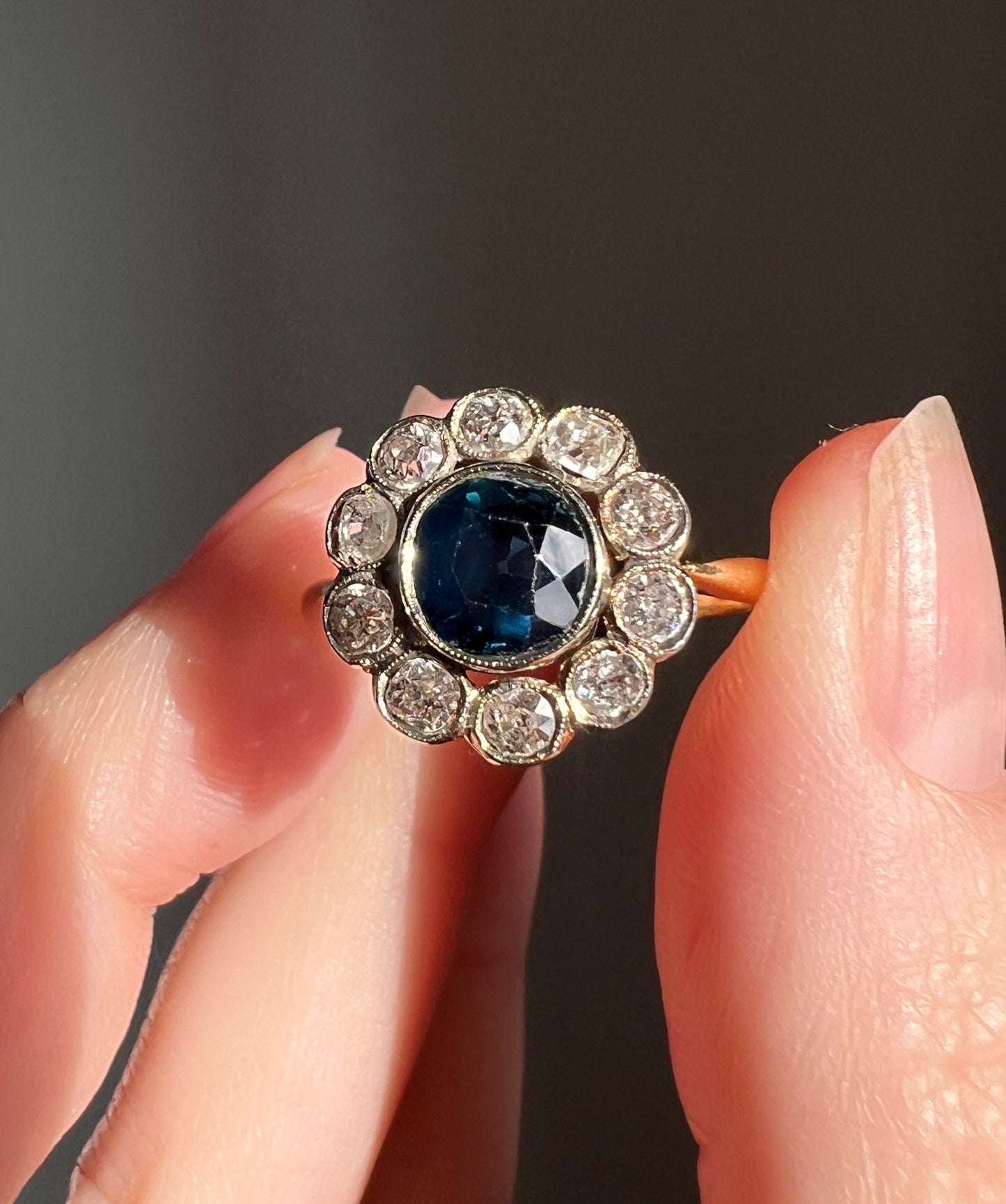 Natural SAPPHIRE French ANTIQUE .6 Ct Old Mine Cut DIAMOND Halo Ring 18k Gold Platinum Blue Green Victorian