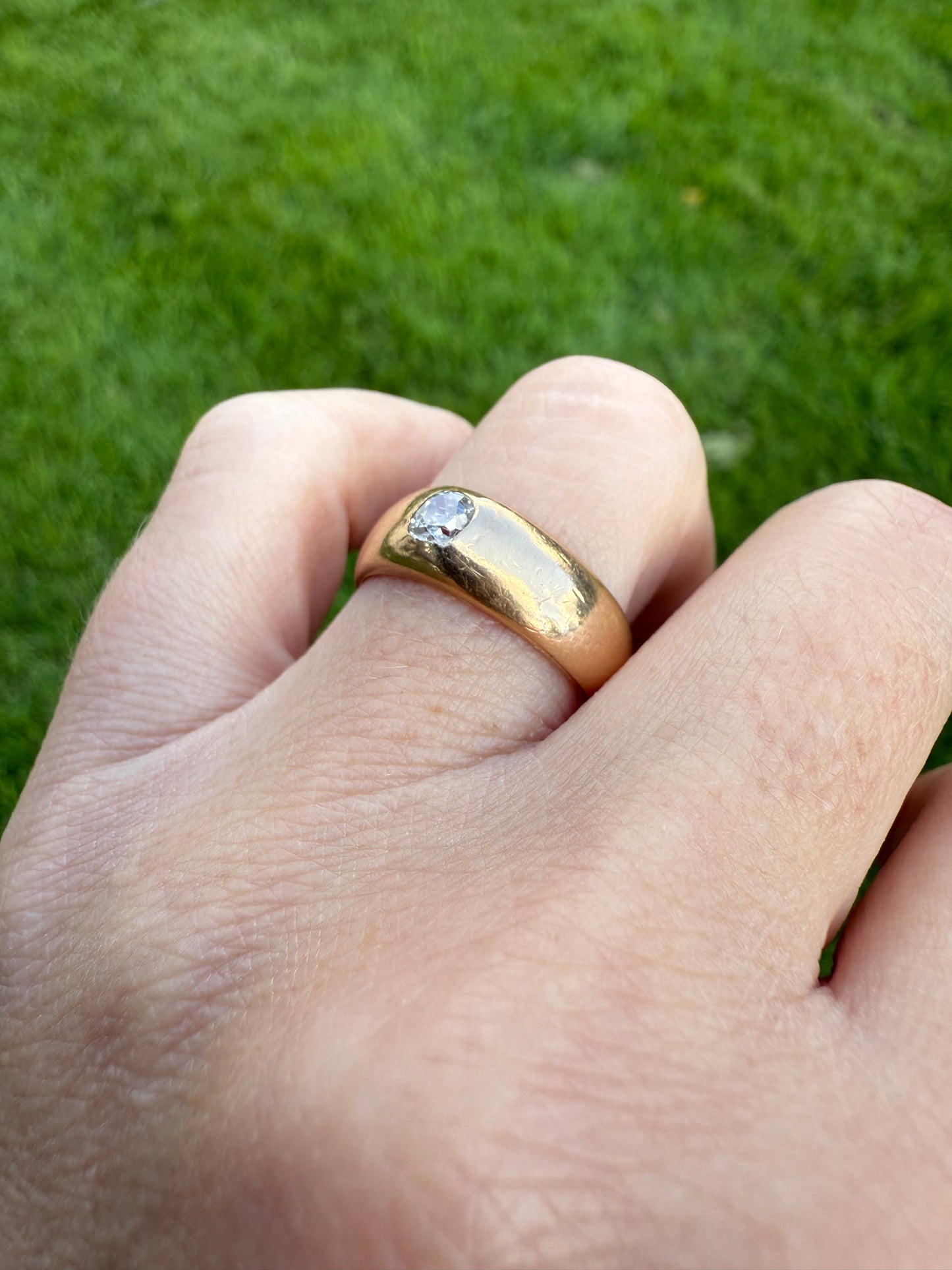 French Antique .3 Carat Old Mine Cut Diamond Gypsy Ring 18k GOLD Domed Band Solitaire Stacker Victorian Man Unisex