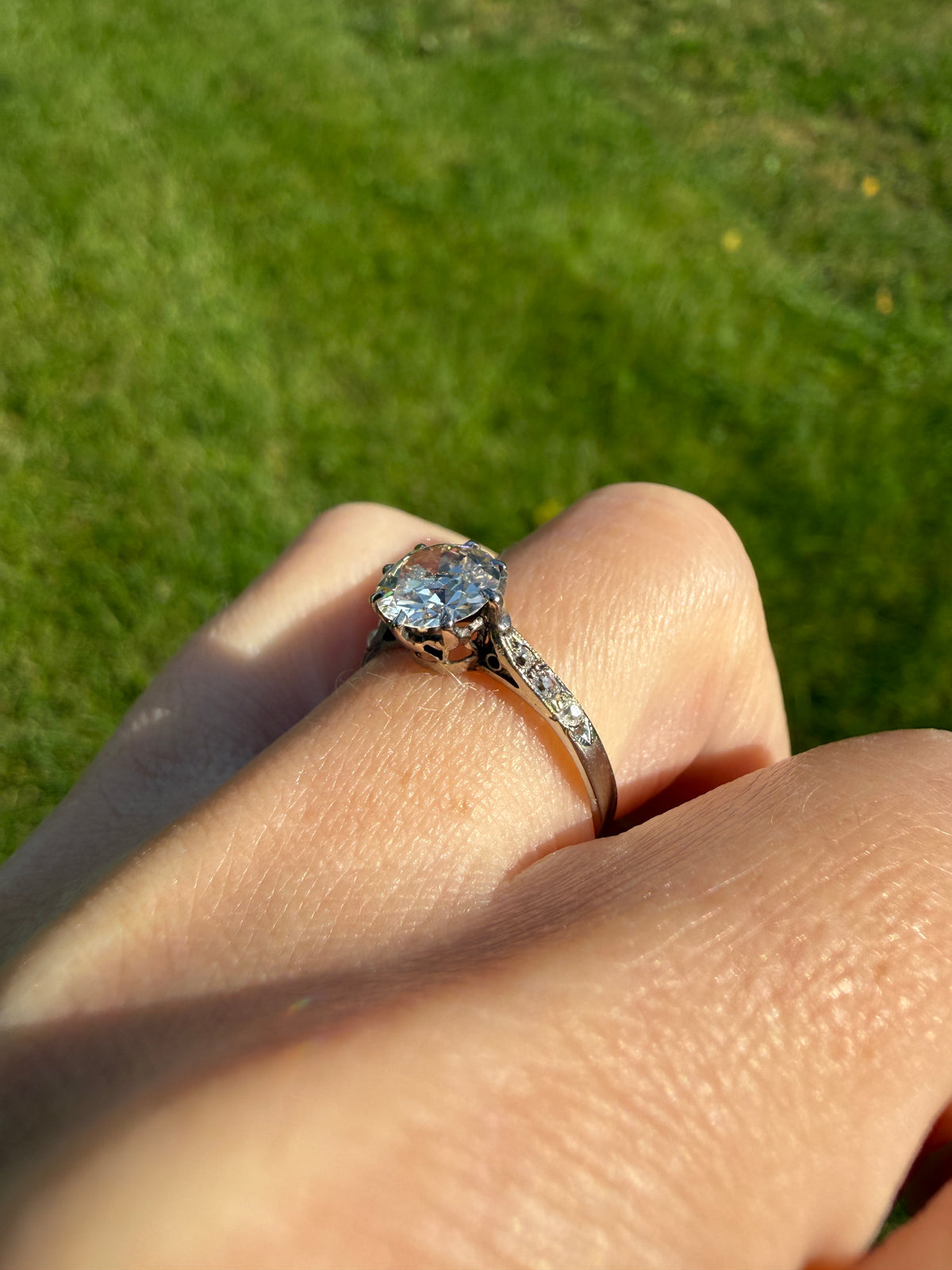 Antique Art Deco One Carat + Natural Old European Cut DIAMOND Solitaire Engagement Ring Old Mine Stacker 18k White Gold Wedding