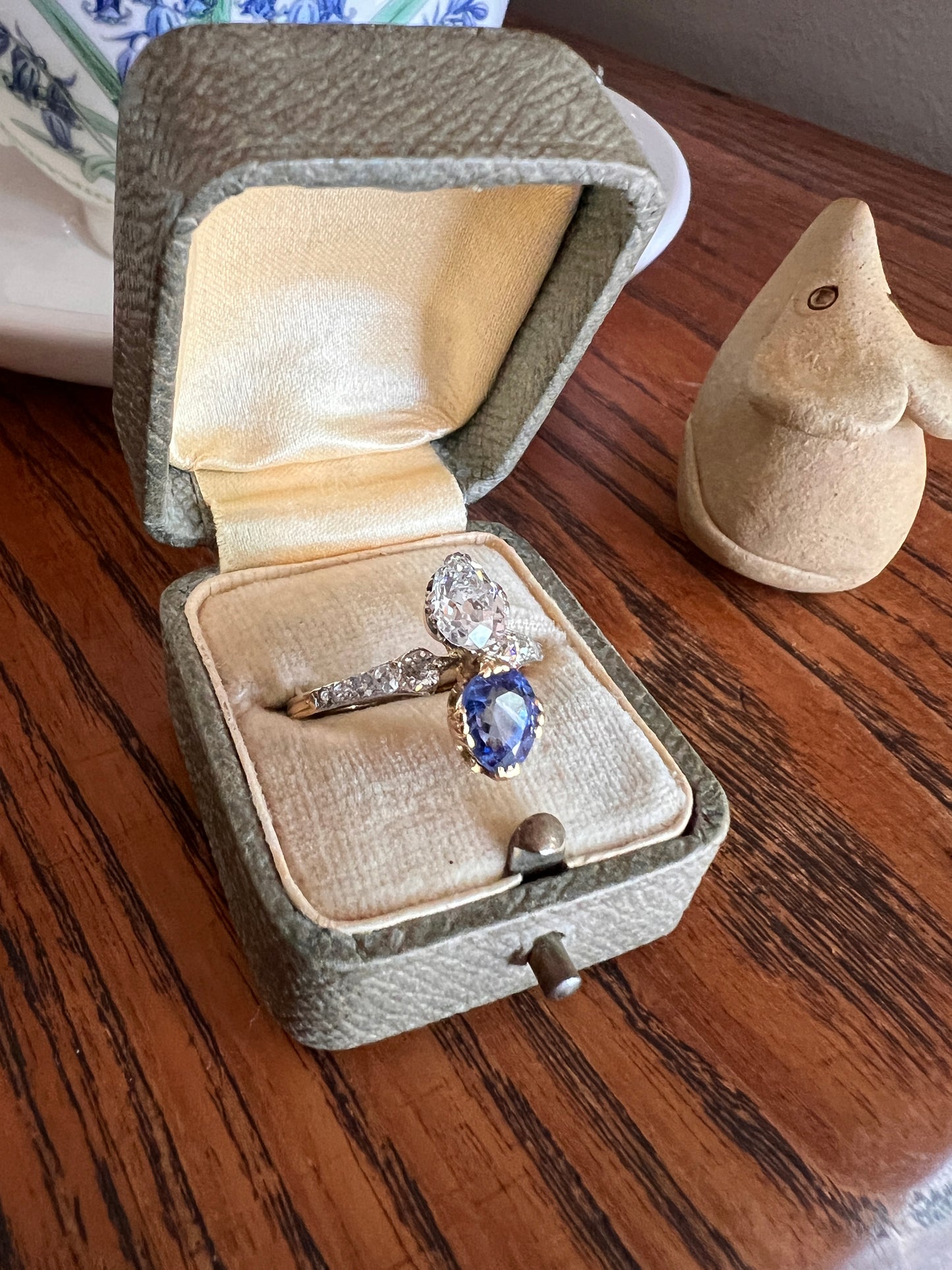 Antique No Heat PEAR Natural Ceylon SAPPHIRE Old Mine Cut DIAMOND Toi et Moi Ring 1 Carat Tdw French 18k Gold Platinum Ring