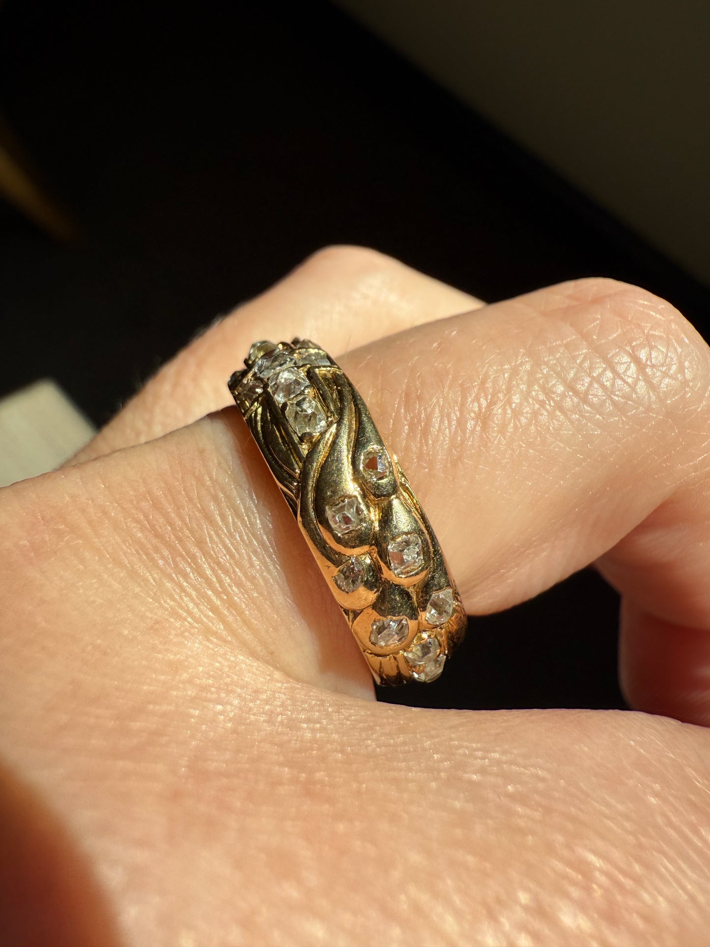 HEAVY One of a Kind Chunky Elongated 1.5ctw Old Mine Cut DIAMOND Encrusted Eternity Band French c1939 Ring 9.6g 18k Gold Anniversary? Dated