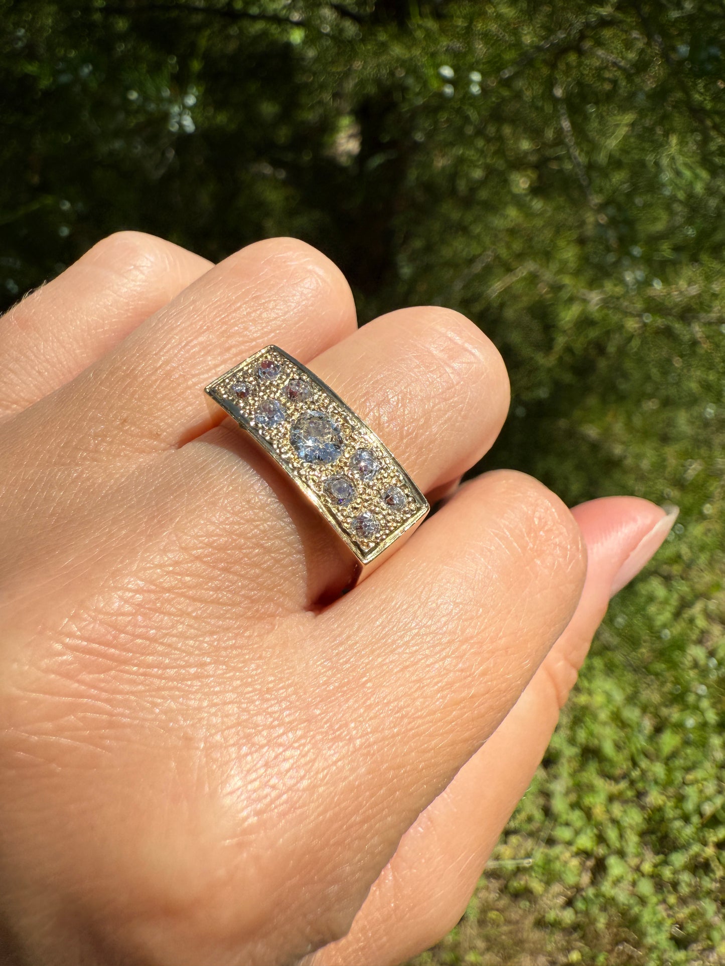 Transitional & Old Mine Cut DIAMOND 1Ctw French Vintage Grid Ring Platform Unisex Nine Stone Sturdy 7.5g 18k Gold Chunky Signet Stacker Gift