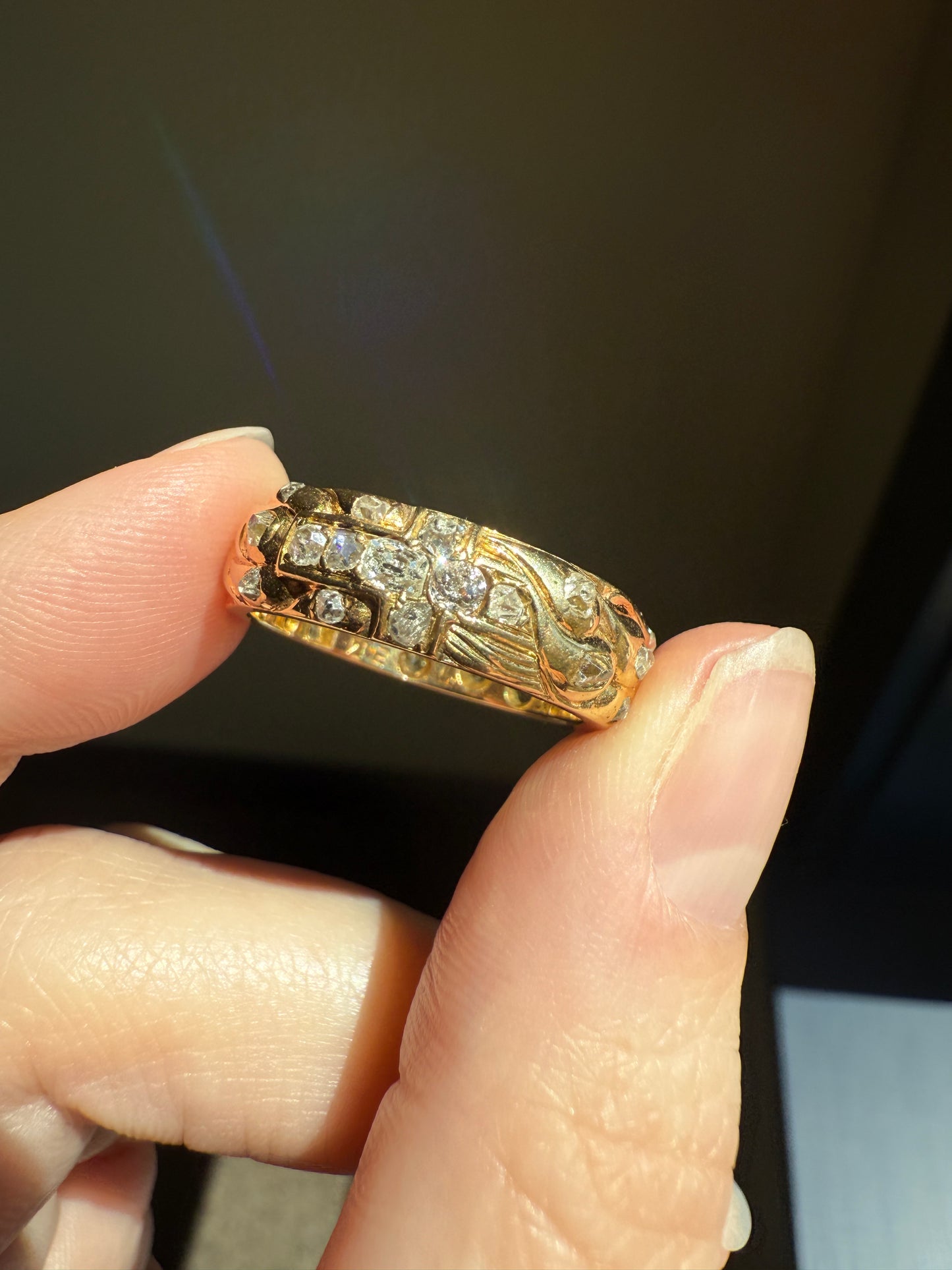 HEAVY One of a Kind Chunky Elongated 1.5ctw Old Mine Cut DIAMOND Encrusted Eternity Band French c1939 Ring 9.6g 18k Gold Anniversary? Dated