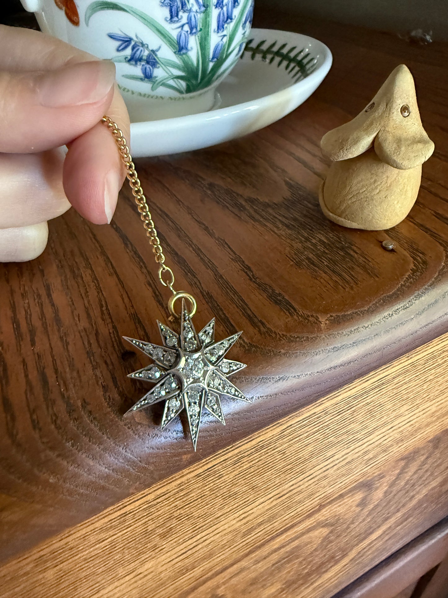 STAR Antique CONVERTIBLE Pendant Hair Pin Brooch BOXED 1 1/4 Carat Old Mine Cut Diamond Cluster 14k Gold Silver Victorian Gift Bridal 1.25Ct