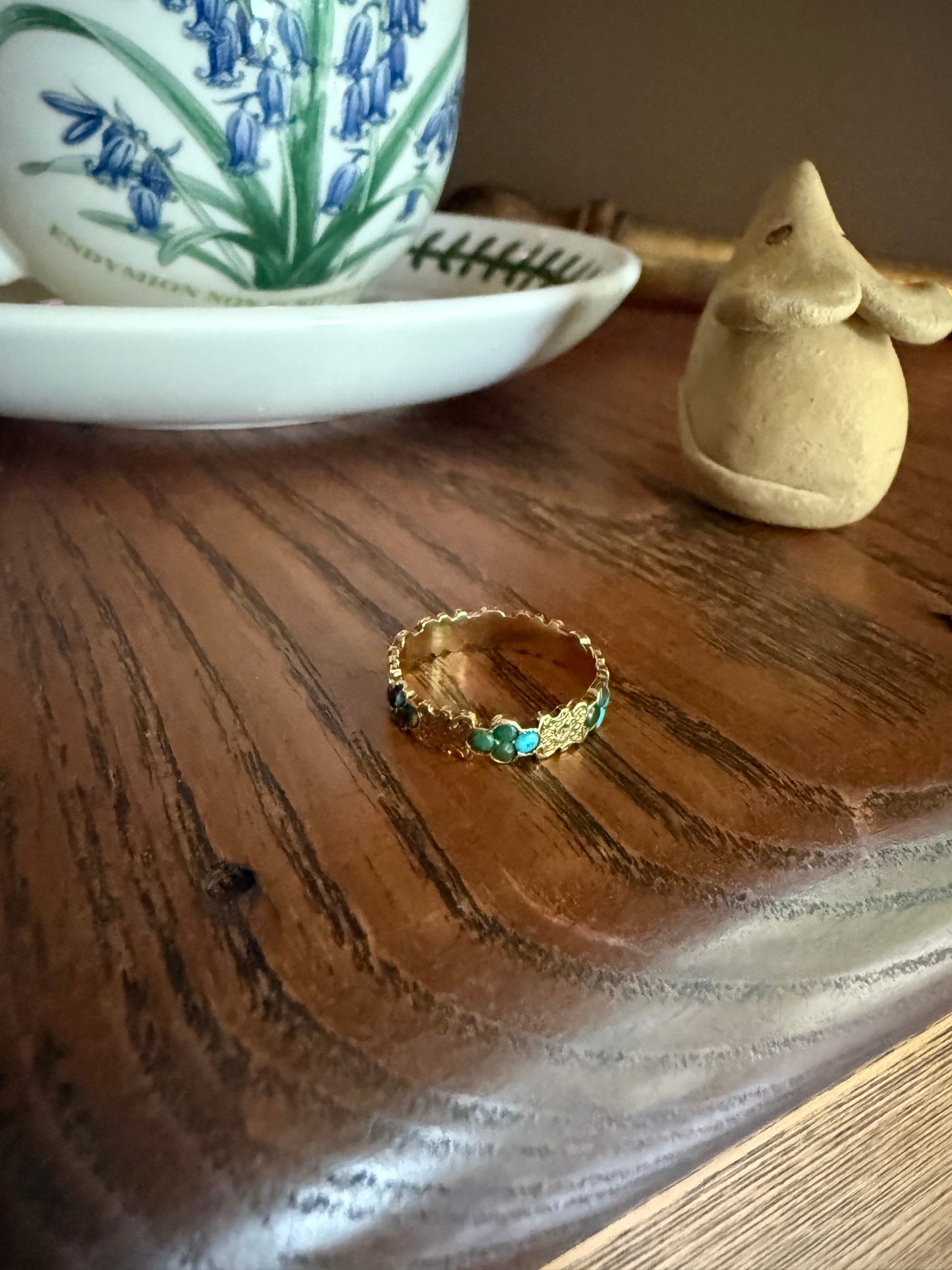 Victorian TURQUOISE Floral Shield Engraved 18k Gold Solid Wedding Band Forget Me Not Orange Blossom Swirl Panels Blue Green