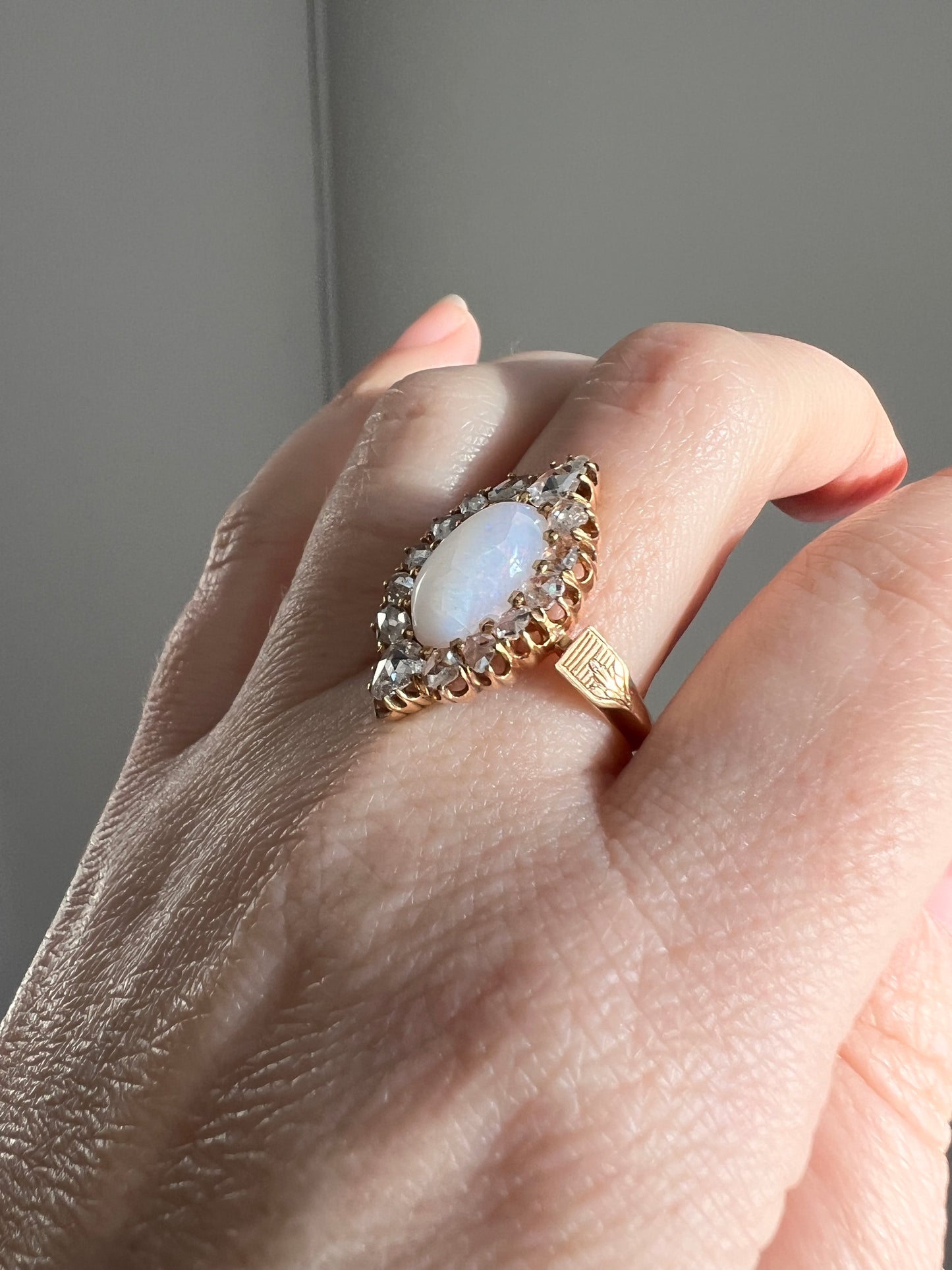 PEAR 1 Carat Rose Cut Diamond Halo Large OPAL French Antique Belle Epoque Ring 18k Gold Gift Belle Epoque