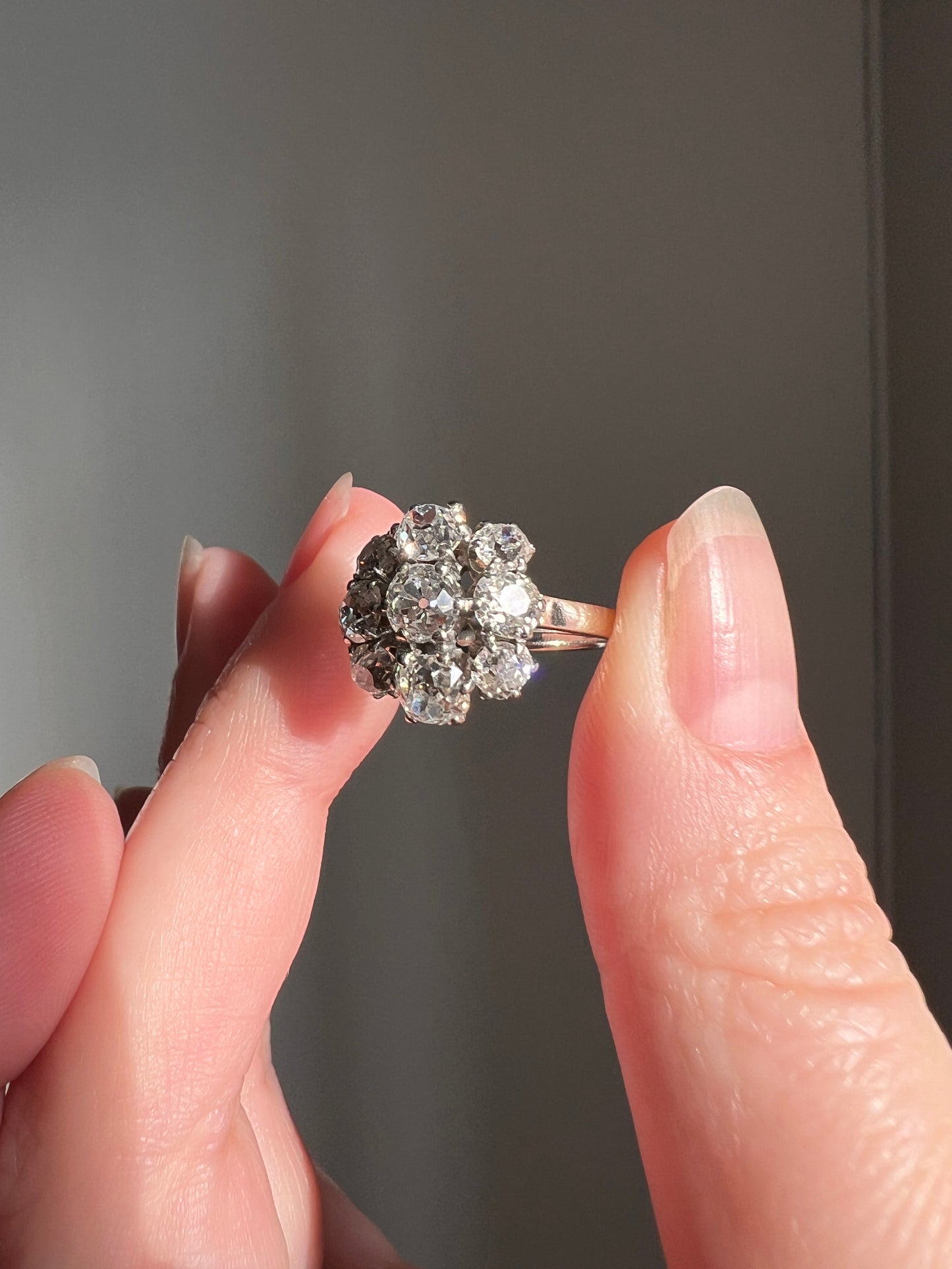 Domed French ANTIQUE 2 1/4 Carats Old Mine Cut DIAMOND Daisy Cluster Ring 18k White Gold