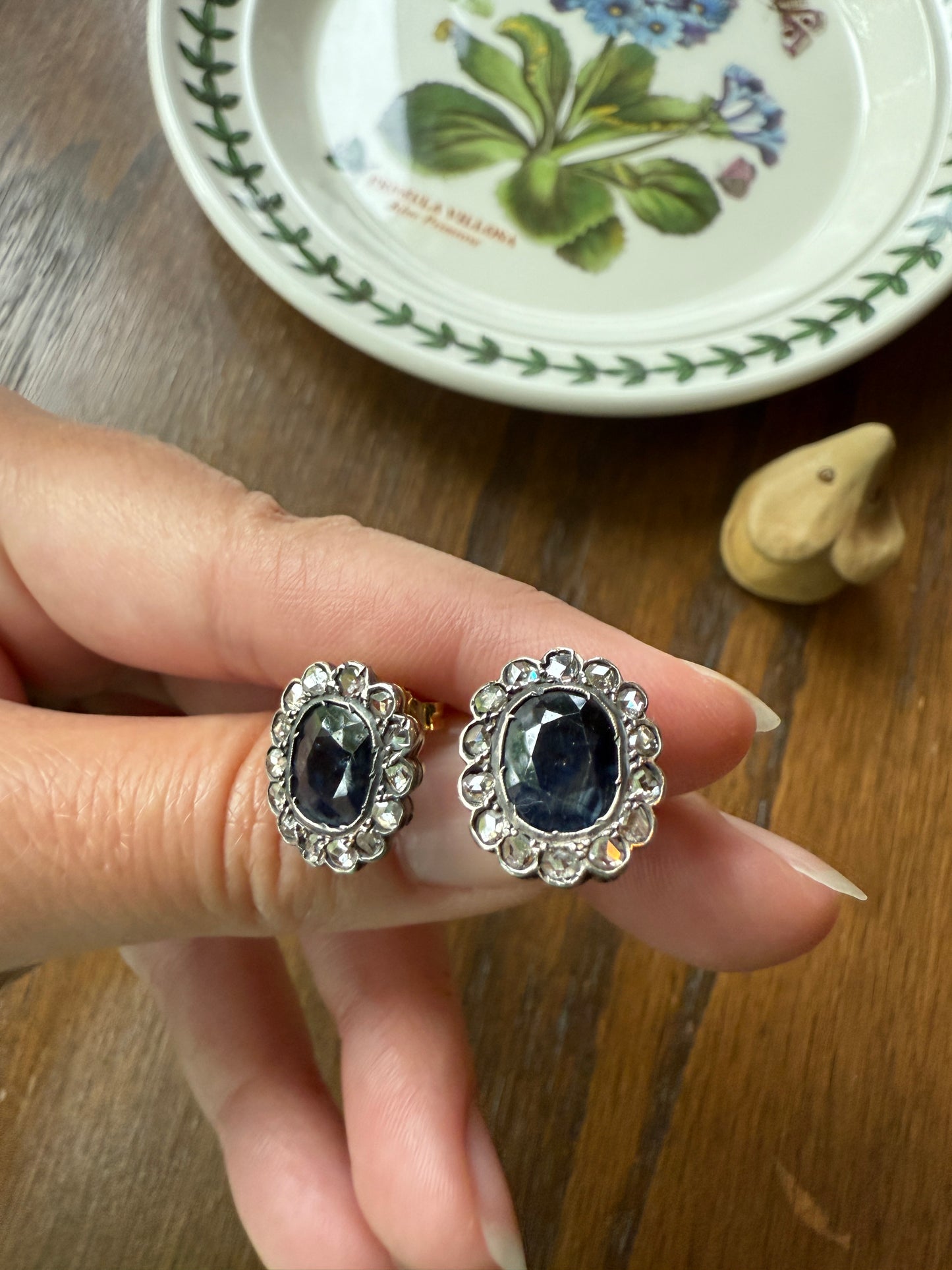 ANTIQUE Oval Natural SAPPHIRE Rose Cut DIAMOND Halo Large Stud Earrings 18k Gold Silver Topped Blue