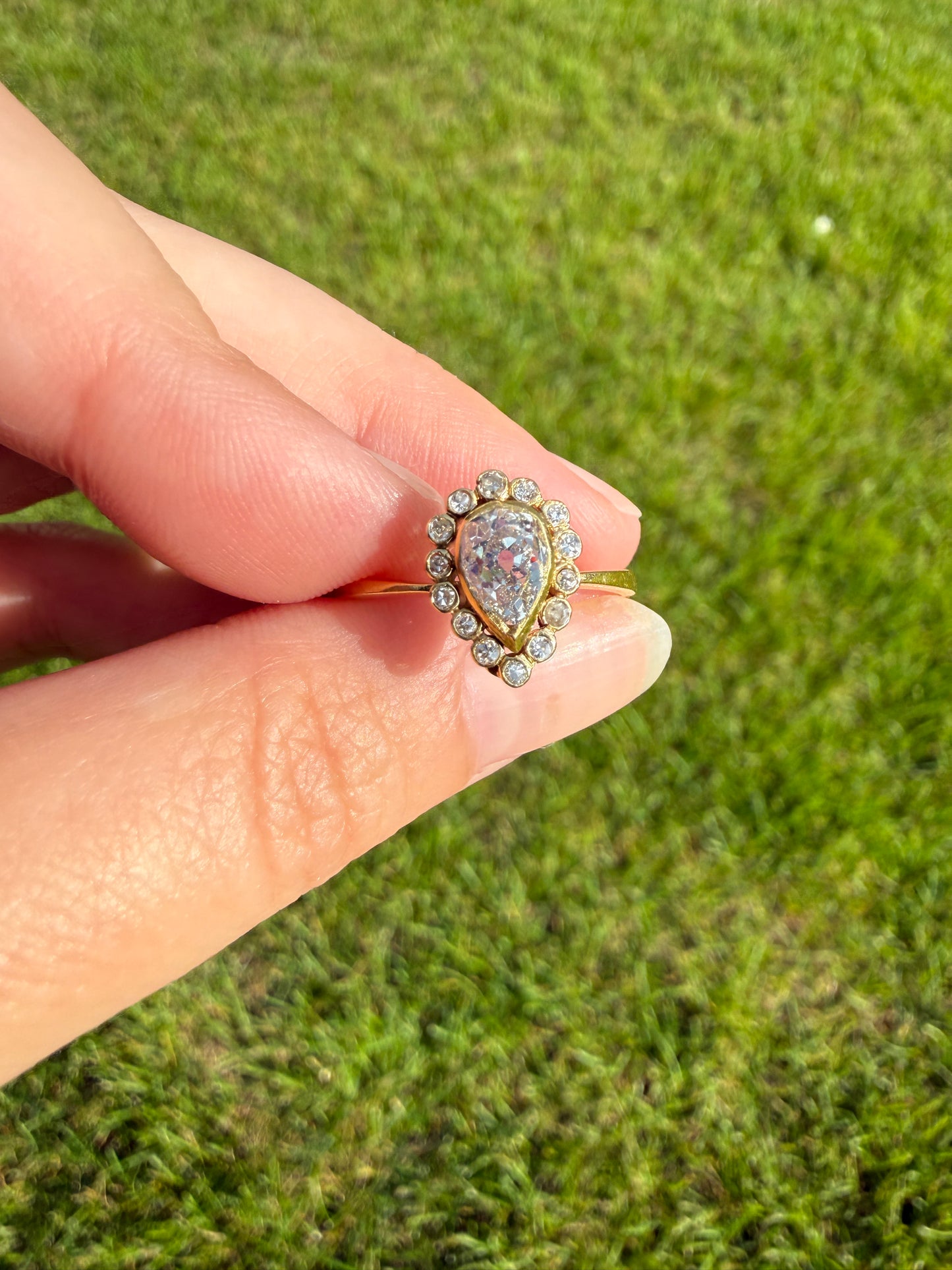 Vintage Halo Ring with Chunky .6 Carat Antique Old Mine Cut PEAR Diamond Eye Clean & Old Single Cuts Bezel Set Ring Teardrop Stacker