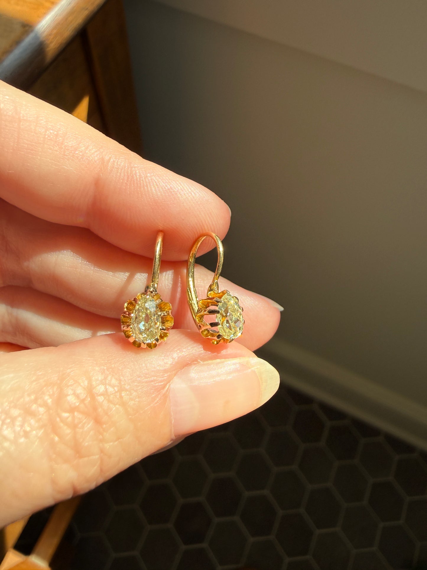 Rare PEAR Pale Yellow Old Mine Cut ANTIQUE One Carat Diamond Dormeuse Earrings 18k Gold Fixed Buttercup Setting Minimalist Sparkle Victorian