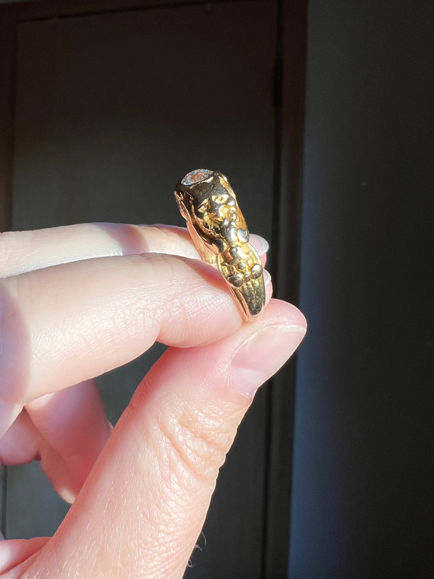 Handsome DEVIL Antique Old Mine Cut DIAMOND Ring 8g 18k Gold FACES Chunky Ring French Art Nouveau Figural 3D