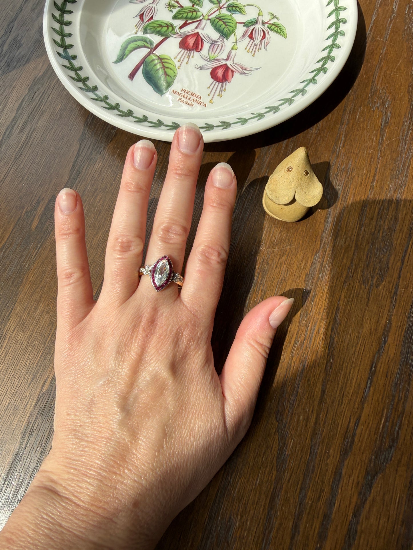 Vintage One Carat Old Cut MARQUISE Diamond Ruby HALO Navette French Art Deco Ring 18k Gold Platinum Belle Epoque Pink Rose Cut Accents