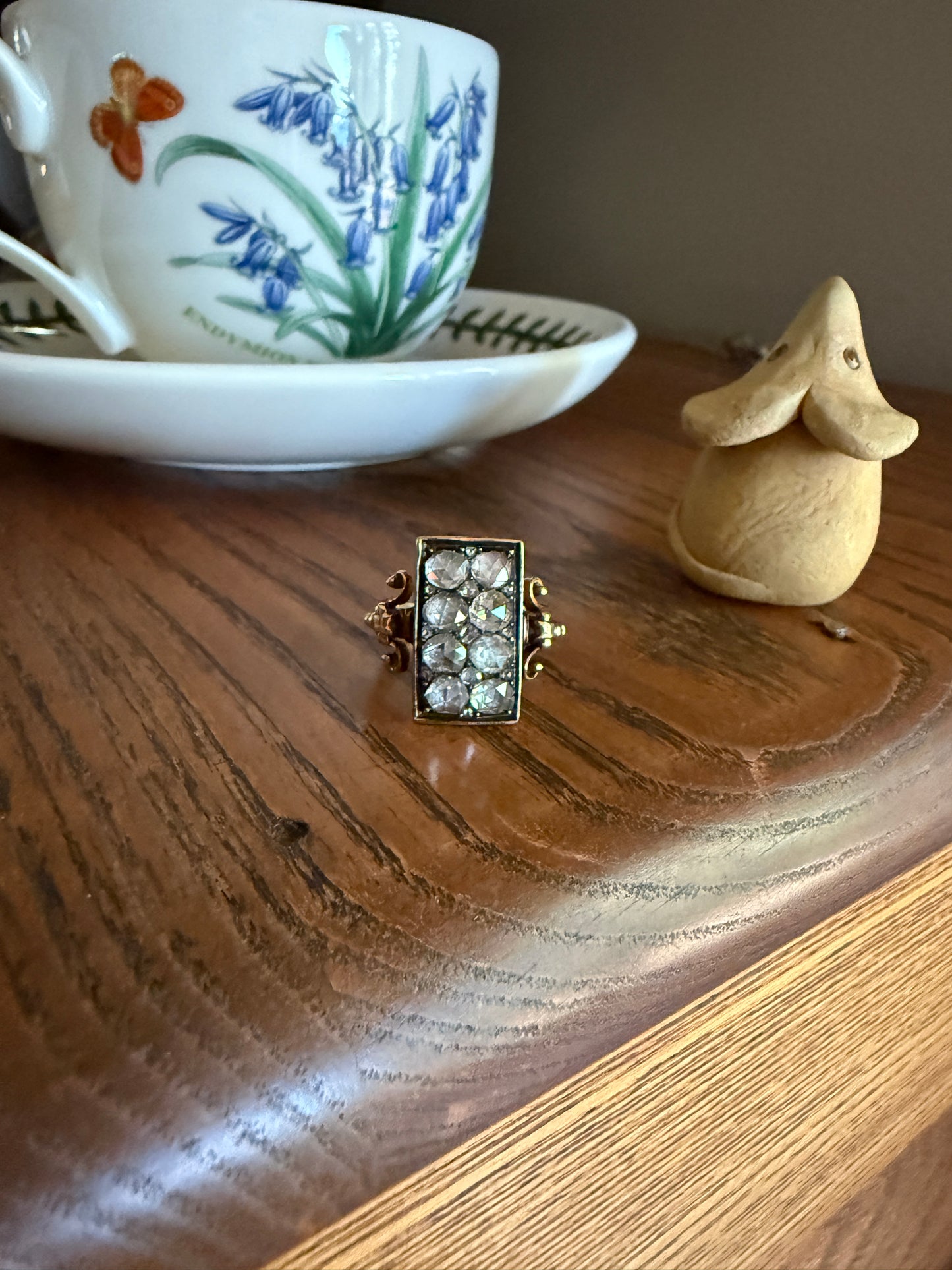 Georgian Era Antique 1 CARAT+ Rose Cut DIAMOND Disco Ball Grid Panel Lozenge Cluster Ring 18k Gold Silver Collets Stacker Gift Faces Up 2Ctw