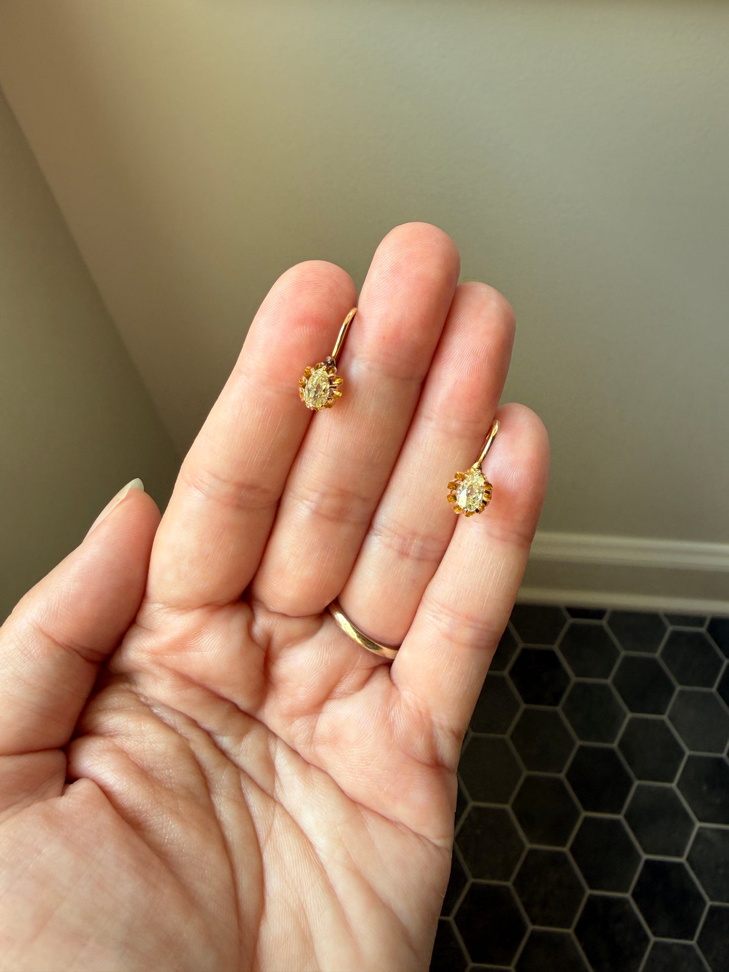 Rare PEAR Pale Yellow Old Mine Cut ANTIQUE One Carat Diamond Dormeuse Earrings 18k Gold Fixed Buttercup Setting Minimalist Sparkle Victorian