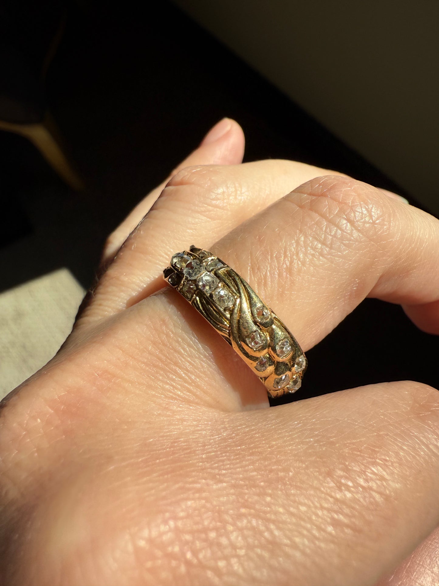 HEAVY One of a Kind Chunky Elongated 1.5ctw Old Mine Cut DIAMOND Encrusted Eternity Band French c1939 Ring 9.6g 18k Gold Anniversary? Dated