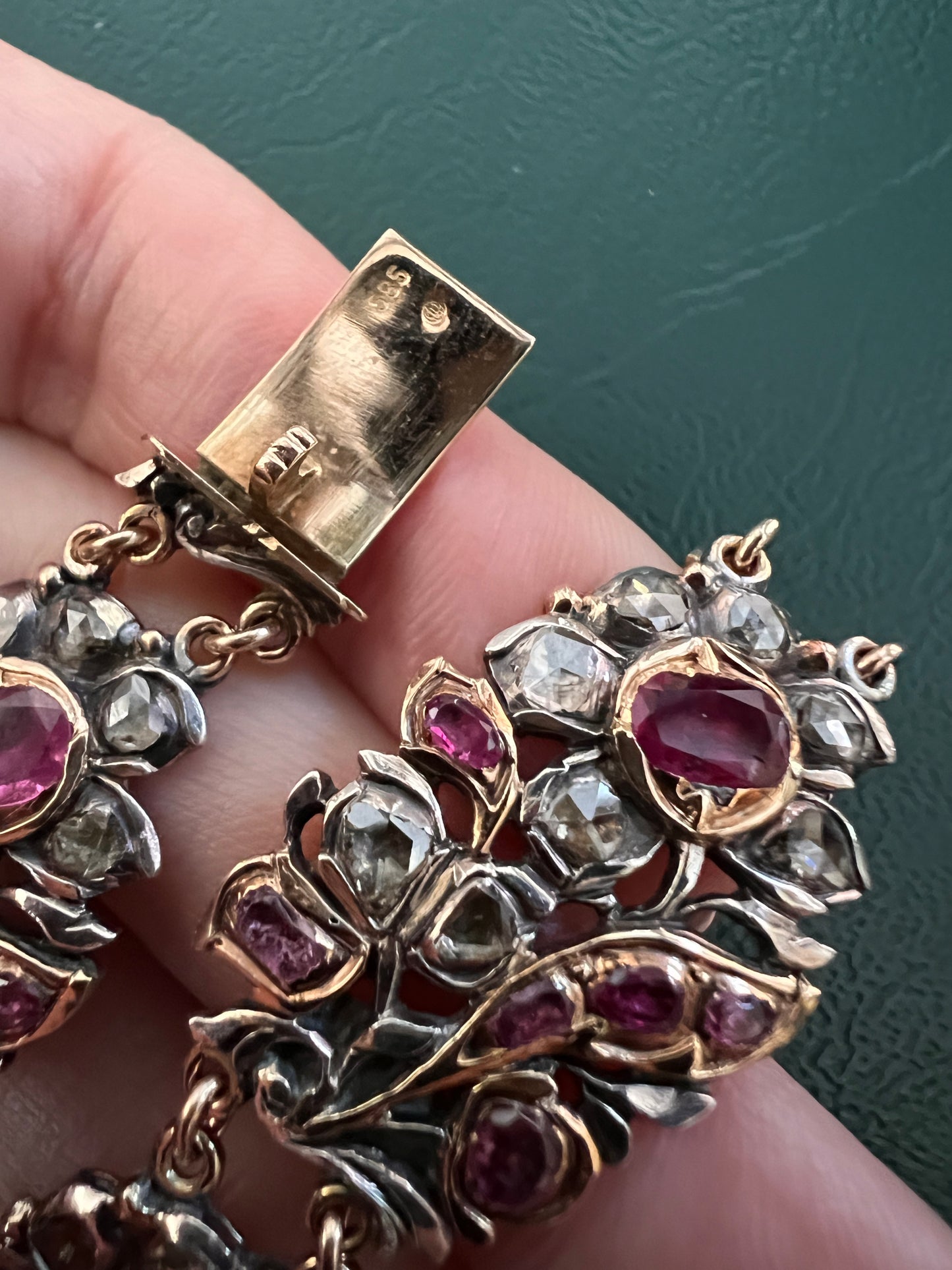 RARE Floral GIARDINETTI Antique Bracelet Flat Cut Ruby Pink Sapphire Rose Cut DIAMOND Figural Link Bracelet Georgian 14k Gold Silver