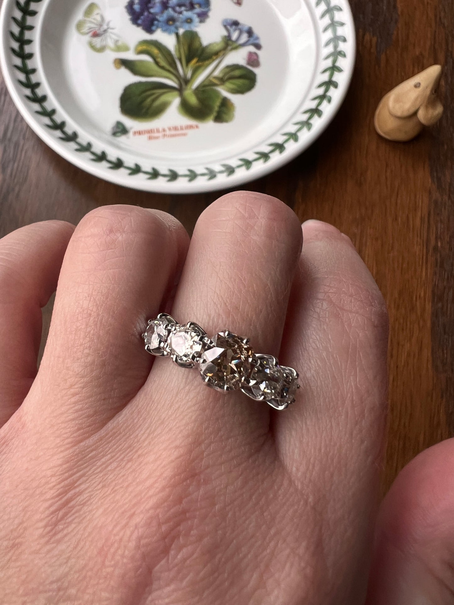 Fancy BROWN Antique Three Carat Old MINE Cut Cognac & White Transitional Diamond Five Stone Vintage Ring 18k White Gold