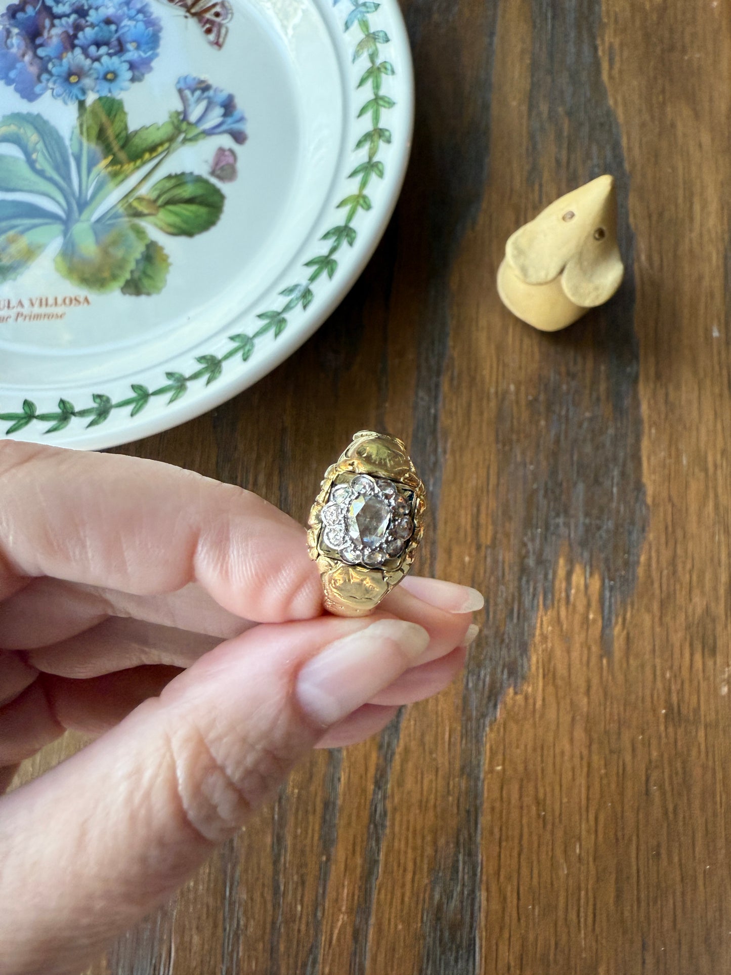 Chunky ANTIQUE Rose Cut Diamond Daisy Cluster Wide Band Heavy 18k Gold Gypsy Georgian Victorian Signet Man or Unisex Face Up 1 Carat Pink