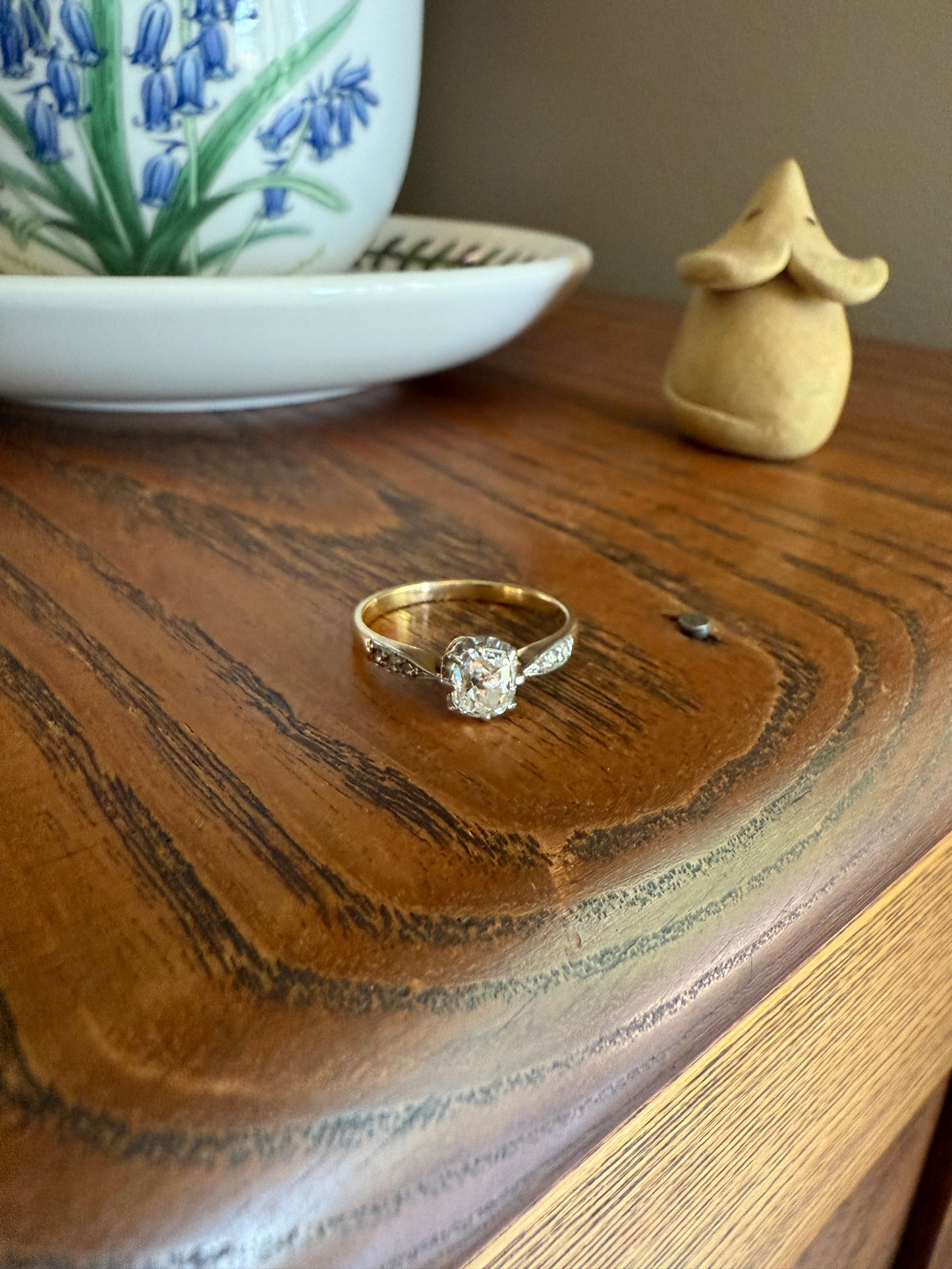 Classic Antique .67 Carat Old Mine Cut Diamond & Rose Cut Accents 18k Gold French Victorian Engagement Ring Solitaire Band Stacker OMC