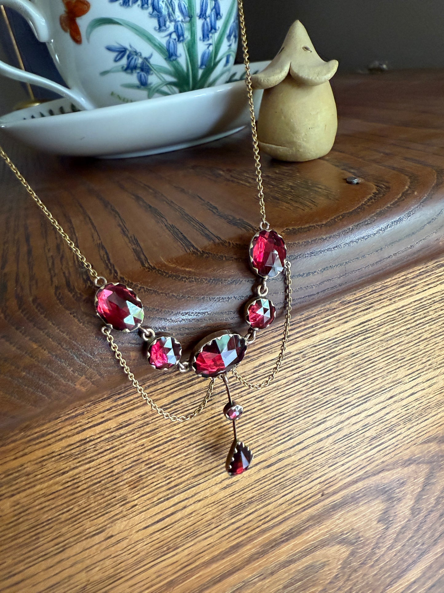 Gorgeous French PERPIGNAN GARNET Festoon NECKLACE Drapery Chain 18k Gold Bezel Set Rose Cut Closed Back Almandine Glowing Raspberry Wine