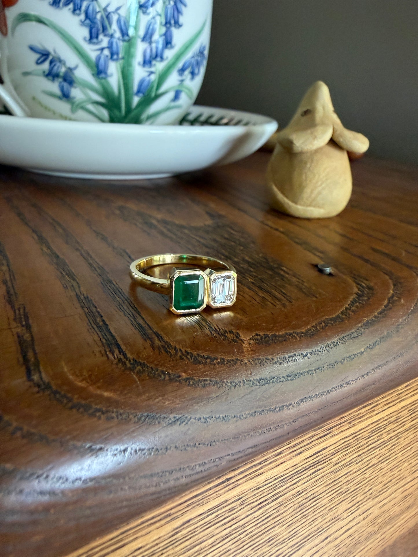Vintage Emerald Cut Diamond Natural Green Emerald Toi et Moi Ring French 18k Gold Bezel Set Geometric Stacker Ring Unique Engagement