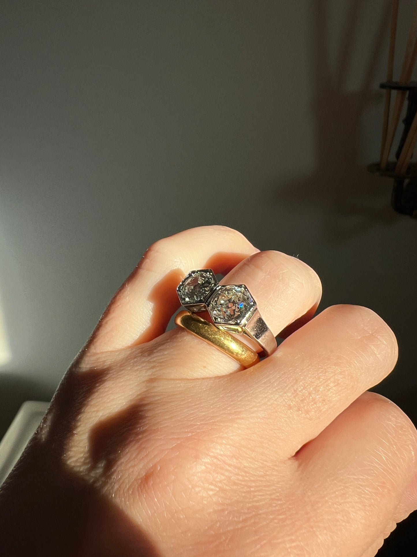 HEXAGON Toi et Moi 3.3 CARAT Eye Clean Old Mine Cut Diamond Two Stone Antique Ring PLATINUM French Geometric Engagement