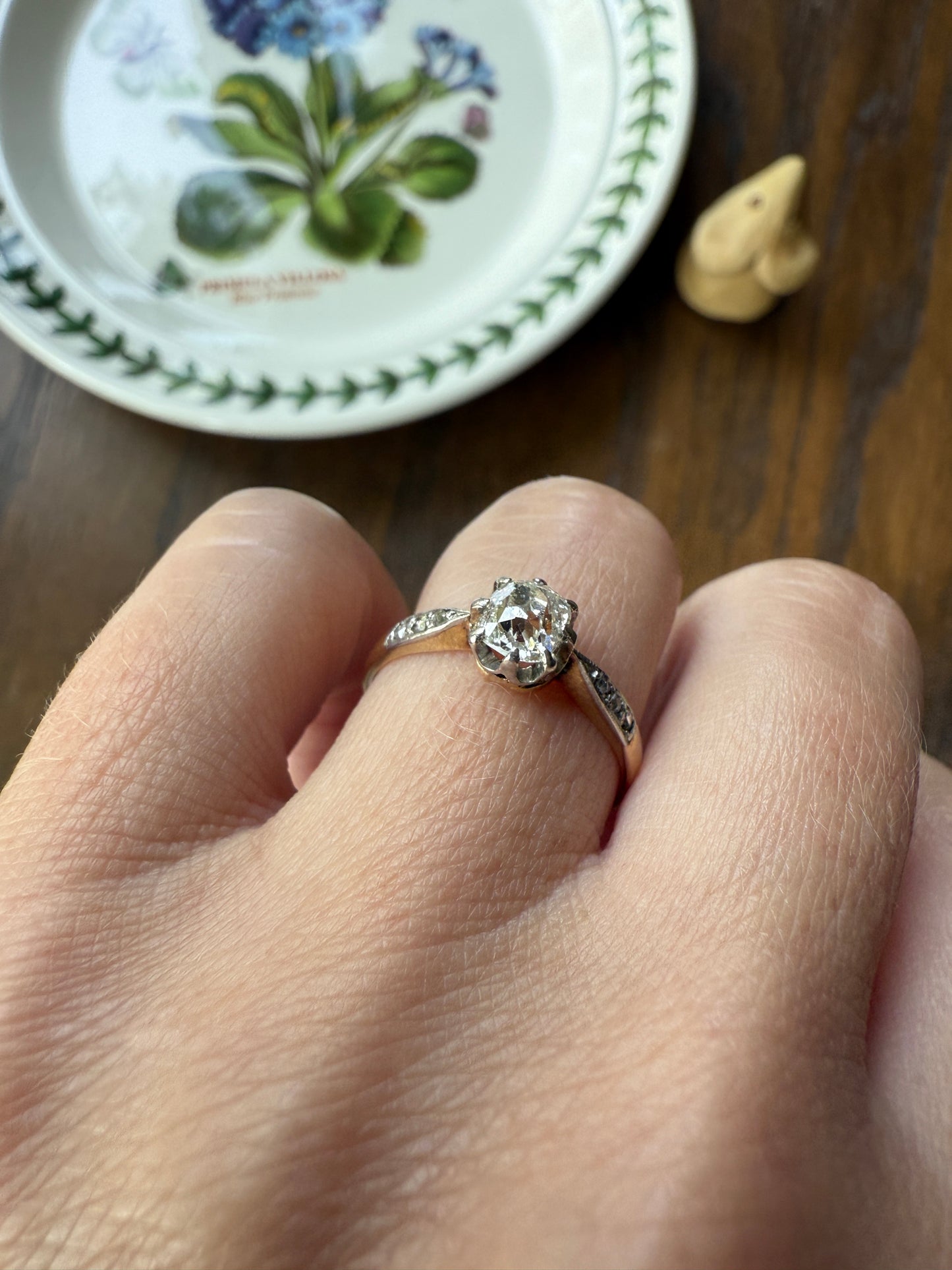 Classic Antique .67 Carat Old Mine Cut Diamond & Rose Cut Accents 18k Gold French Victorian Engagement Ring Solitaire Band Stacker OMC