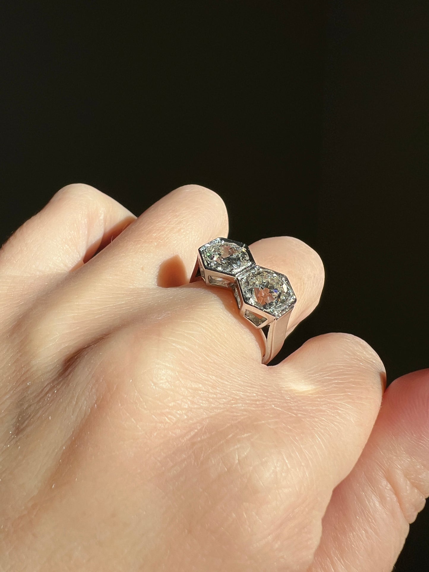 HEXAGON Toi et Moi 3.3 CARAT Eye Clean Old Mine Cut Diamond Two Stone Antique Ring PLATINUM French Geometric Engagement