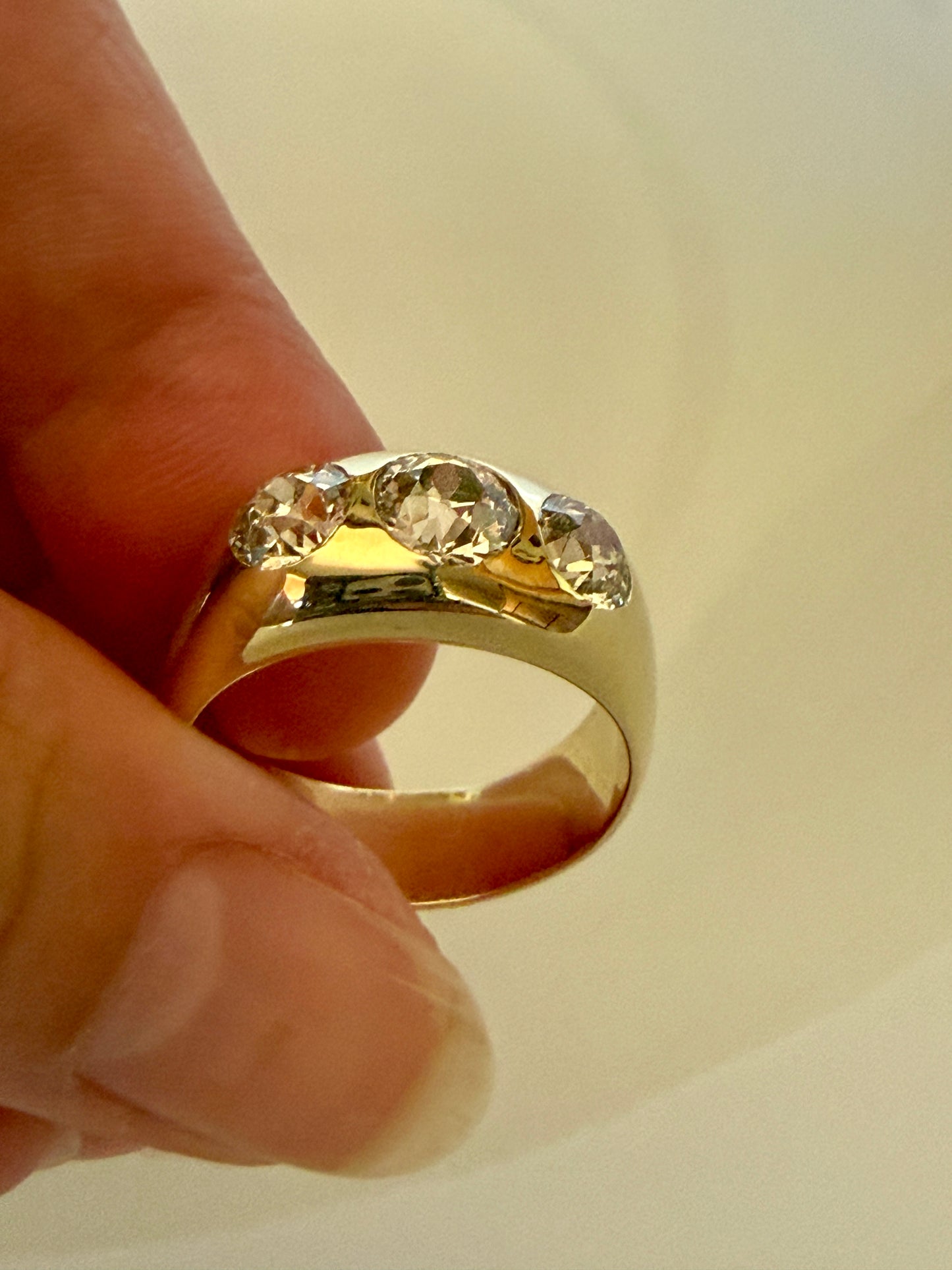 HEAVY Antique 2.4 Carats Natural Old Mine Cut Diamond Three Stone Gypsy Band 10.1g 14k Gold Stacker Ring Man Unisex Chunky