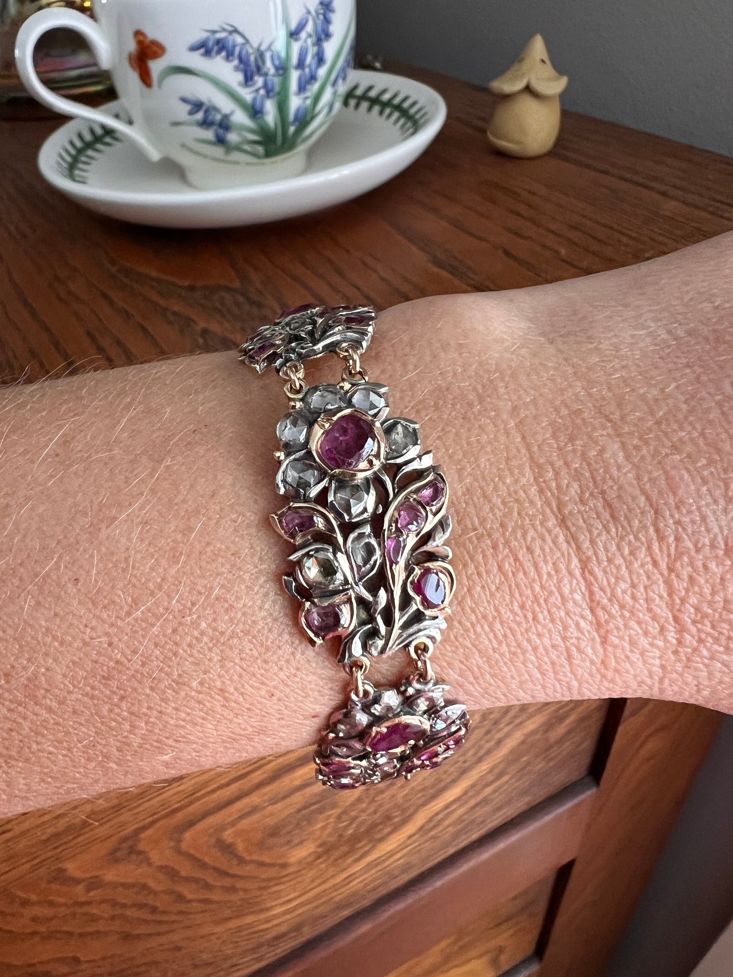 RARE Floral GIARDINETTI Antique Bracelet Flat Cut Ruby Pink Sapphire Rose Cut DIAMOND Figural Link Bracelet Georgian 14k Gold Silver