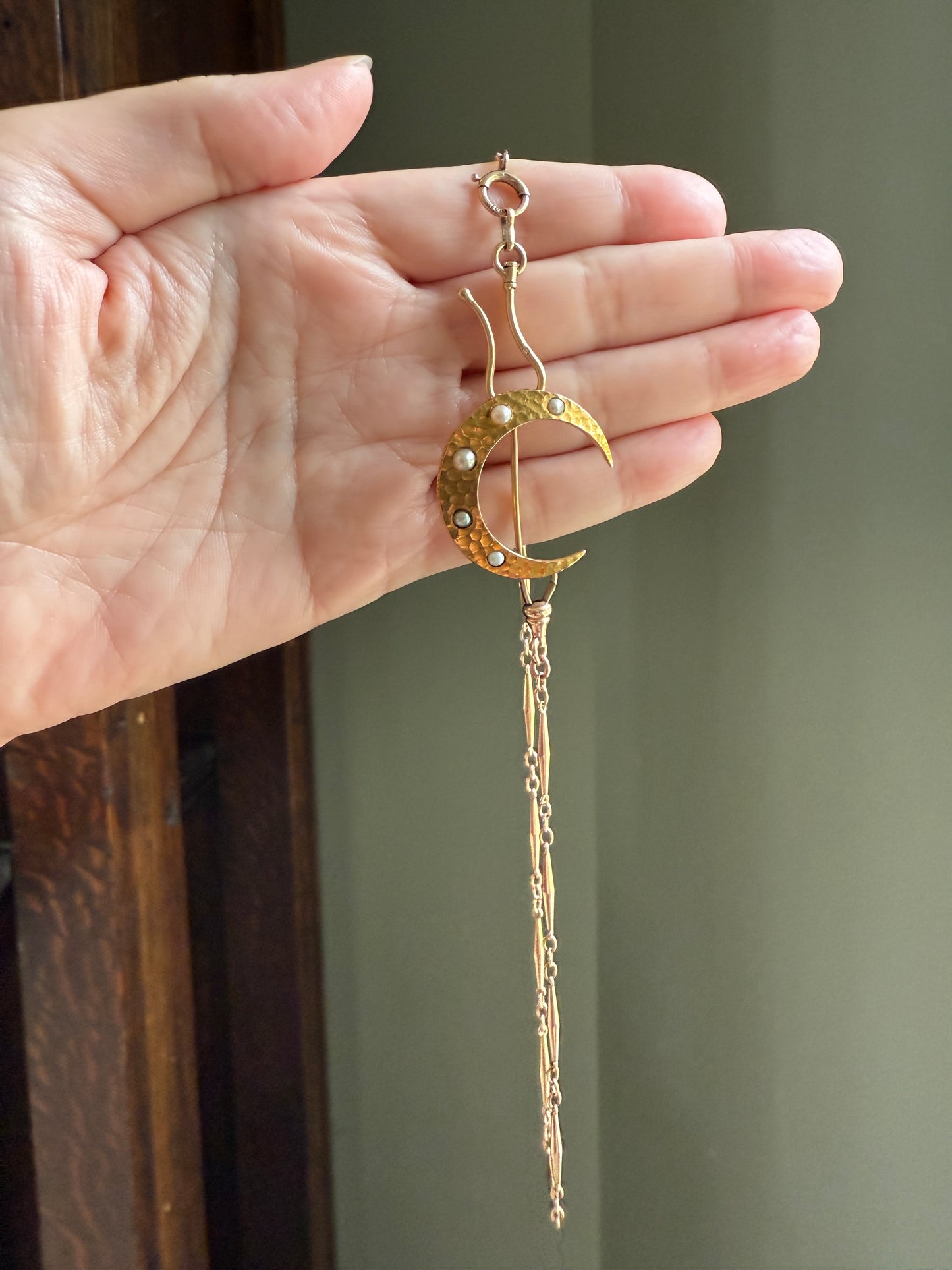 MOON Hammered 18k GOLD Antique VICTORIAN Figural Brooch Extender Buttery Connector Pin or Pendant Conversion