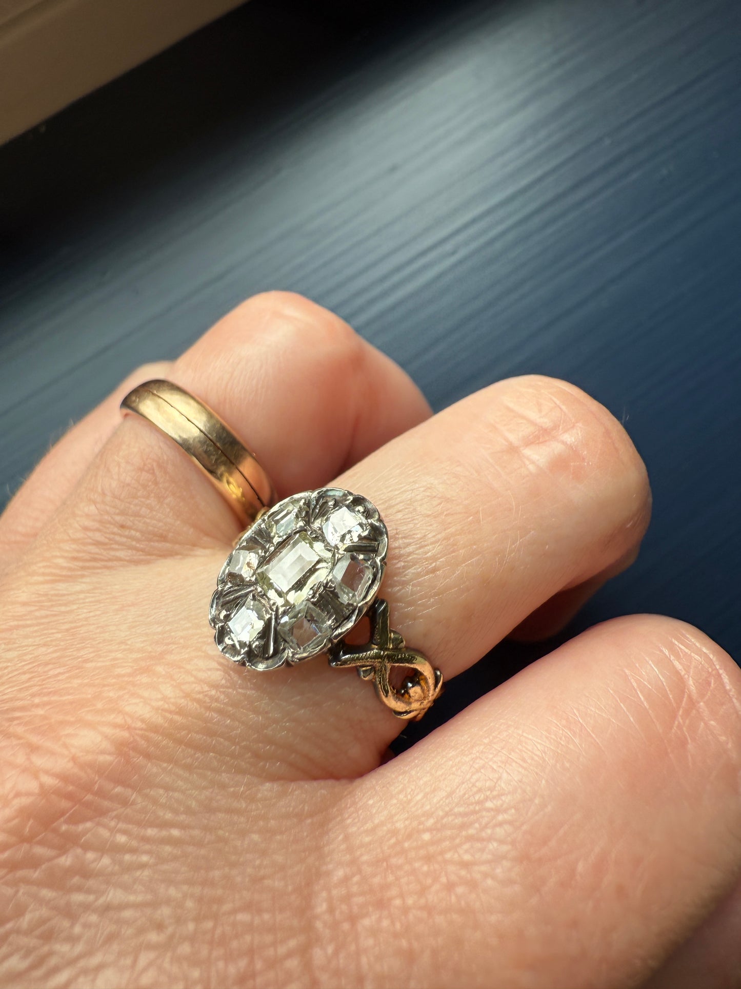 French Early Victorian Era Antique Open Back Table Cut DIAMOND Oval Cluster Ring 18k Gold Scarce Romantic Gift 1800s Ornate Band Stacker