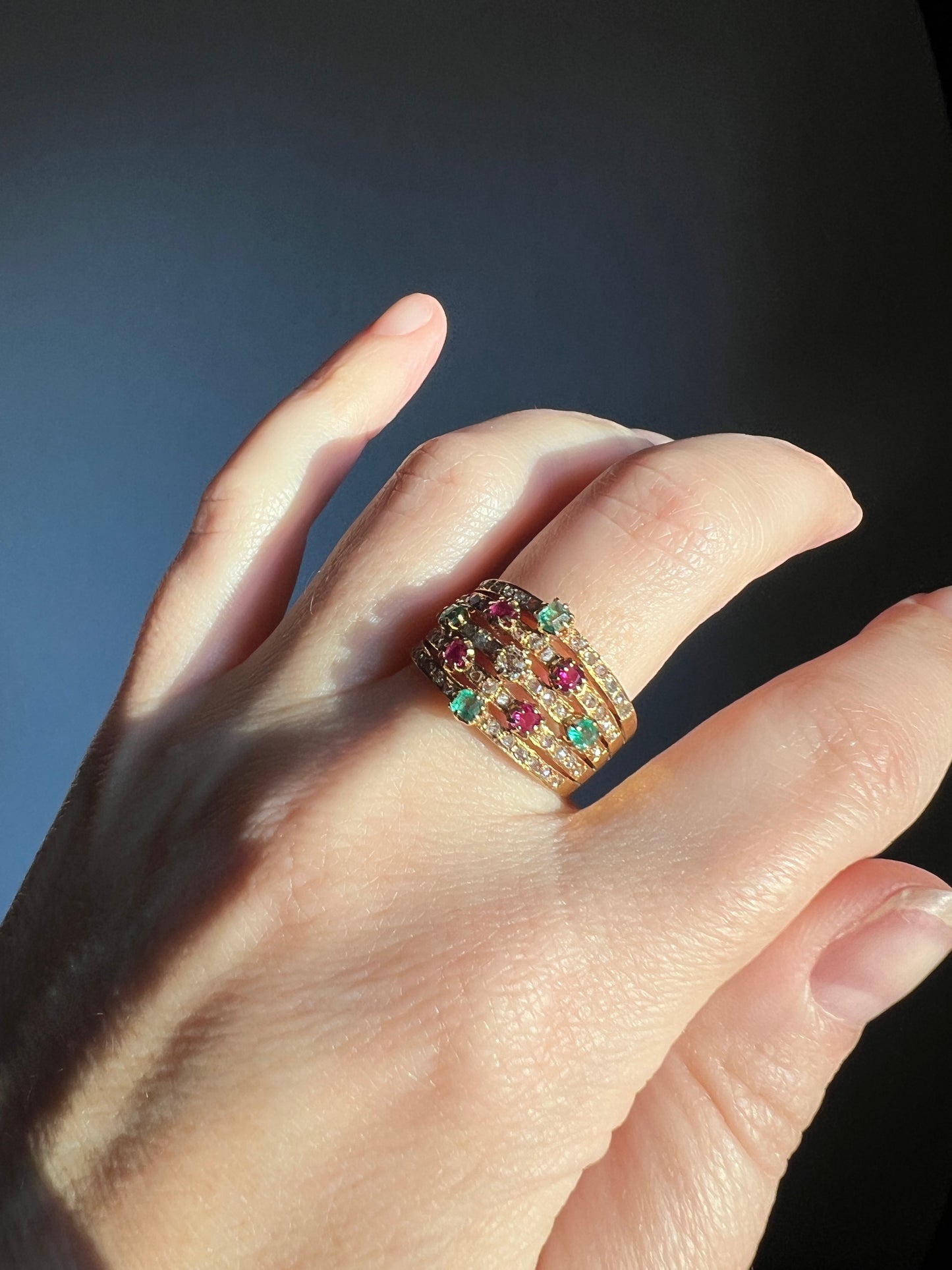 Antique Rose & Old Mine Cut Diamond Old Cut Natural RUBY Emerald Multi Band Ring Harem Victorian French 18k Gold